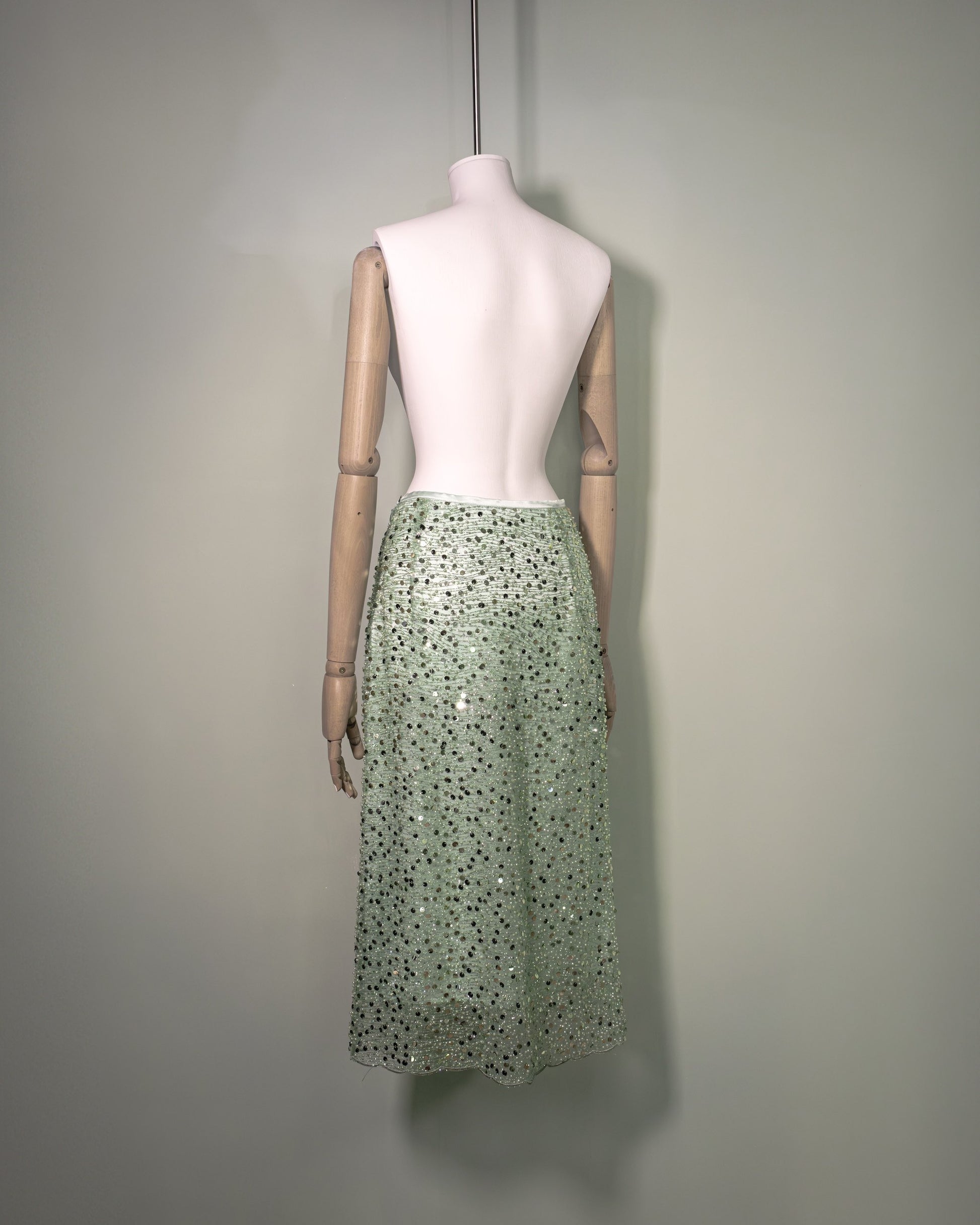 Botteghe Oscure embroidered sequins and beeds skirt with silk lining, back.