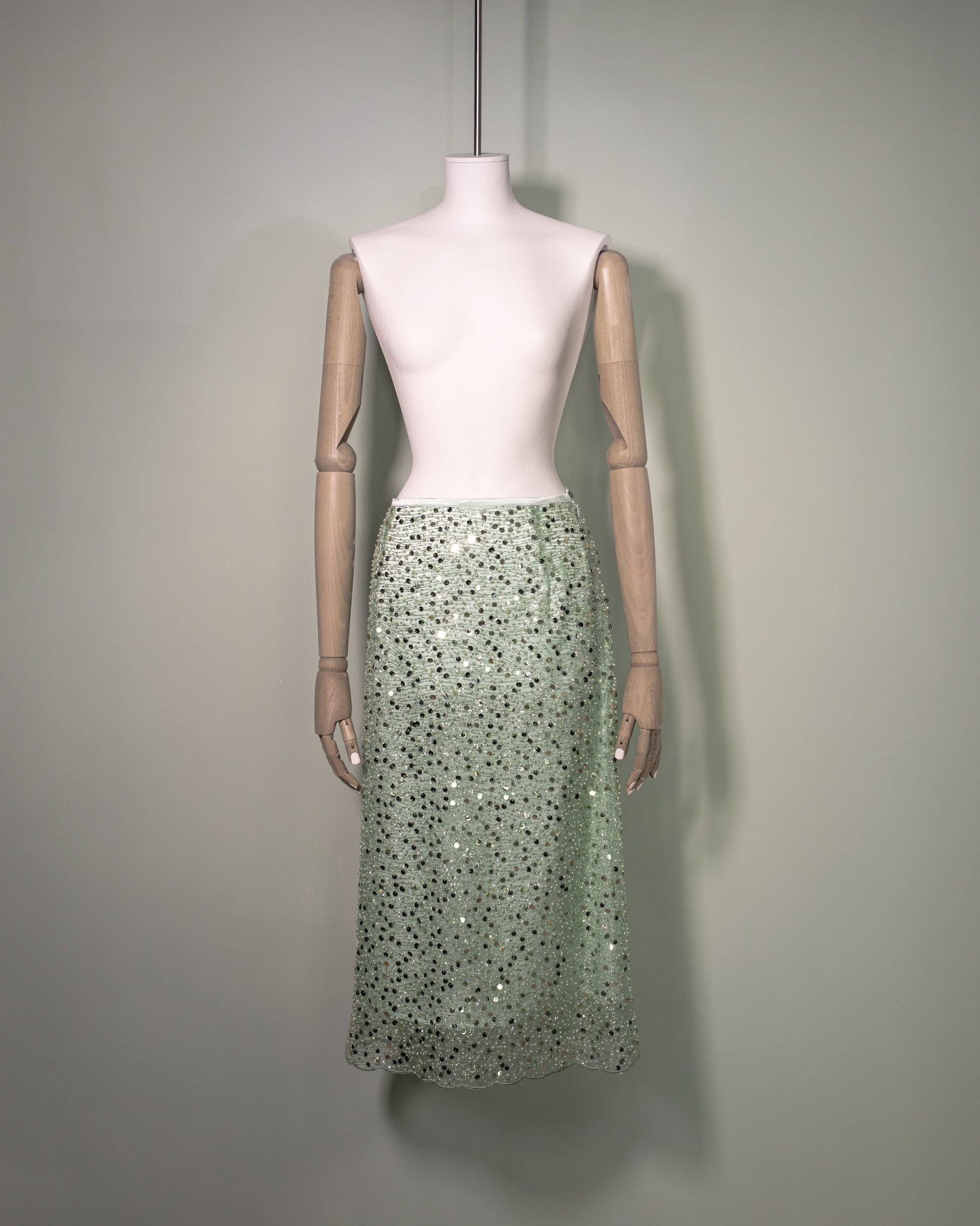 Botteghe Oscure embroidered sequins and beeds skirt with silk lining, front.