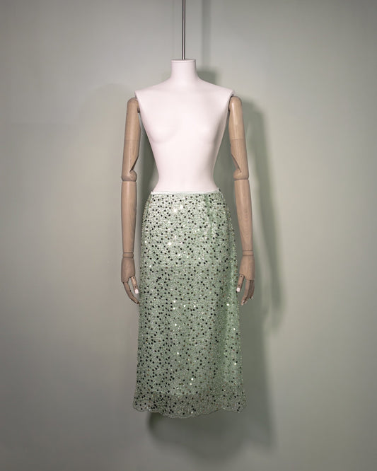 Botteghe Oscure embroidered sequins and beeds skirt with silk lining, front.