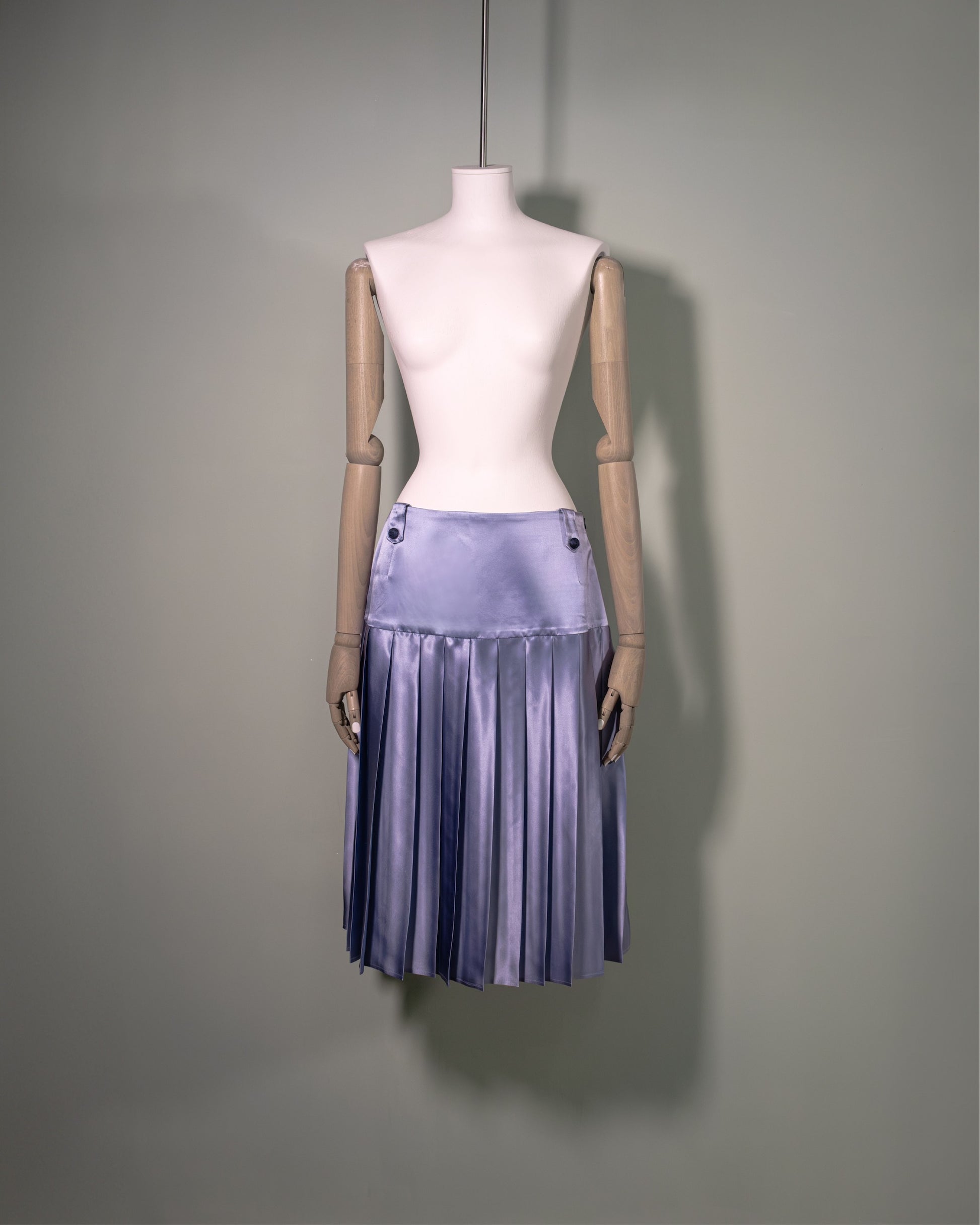 Botteghe Oscure pleated silk satin skirt in powder blue and passementerie buttons, front.  Made in Italy