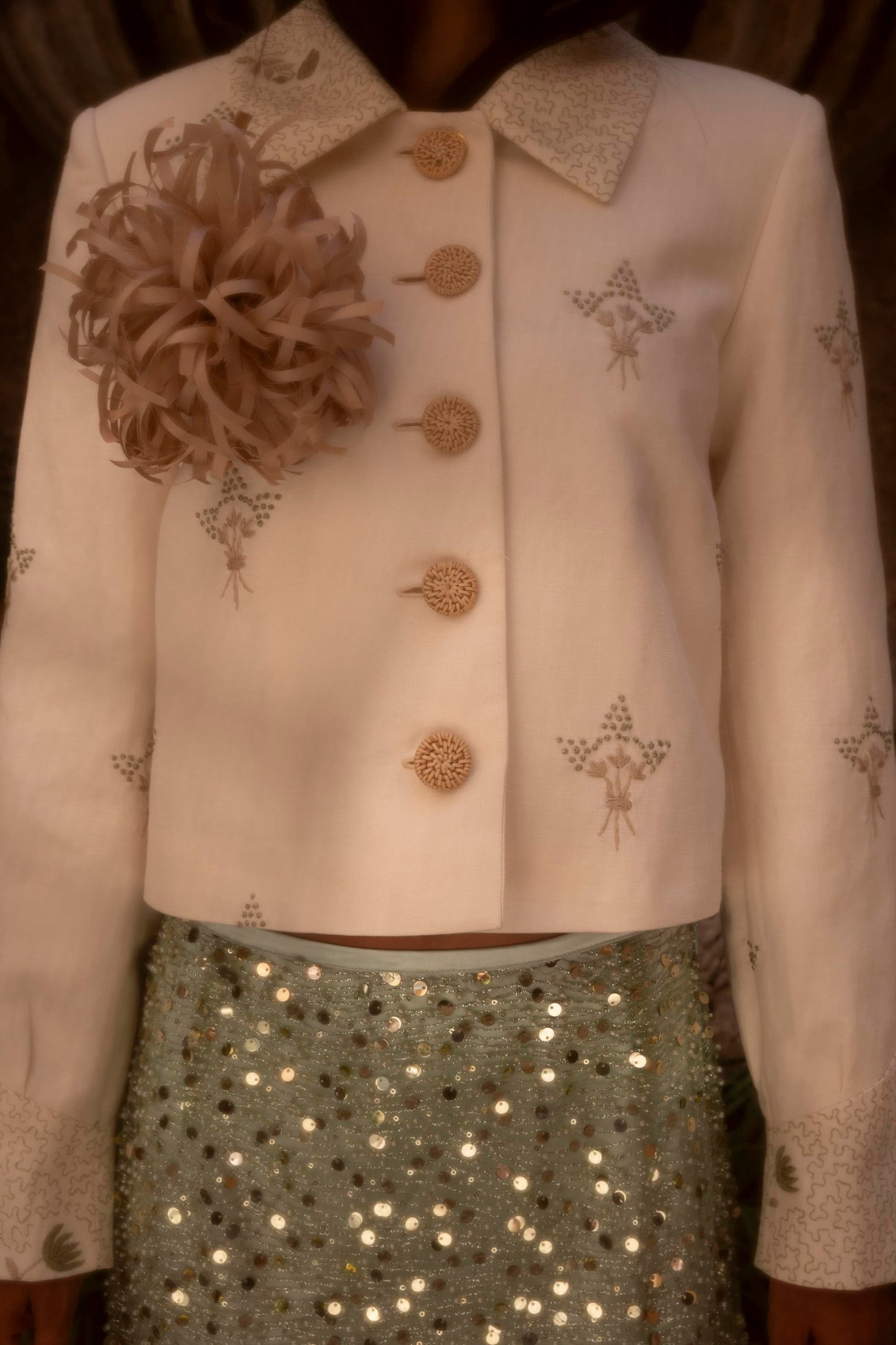 Botteghe Oscure Carré Jacket in archival English linen with hand-embroidered floral bouquets, styled in a complete editorial look.
