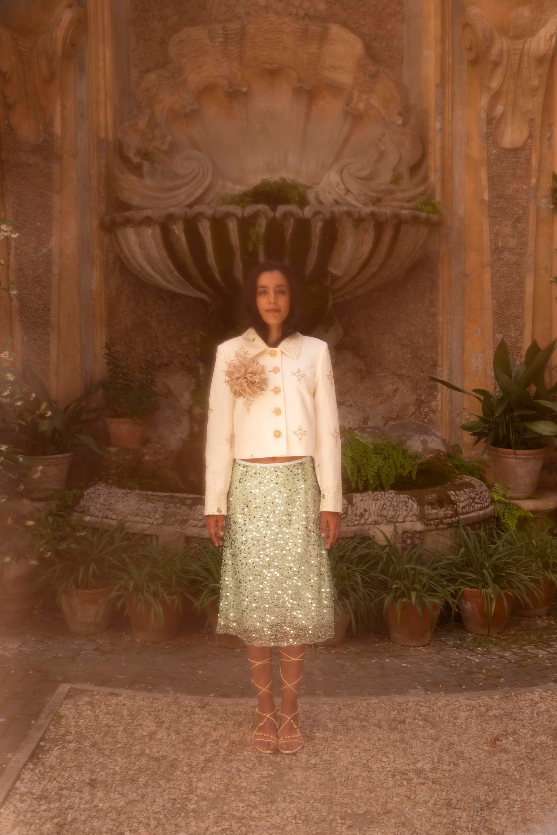 Botteghe Oscure Carré Jacket in archival English linen with hand-embroidered floral bouquets, styled in a complete editorial look.
