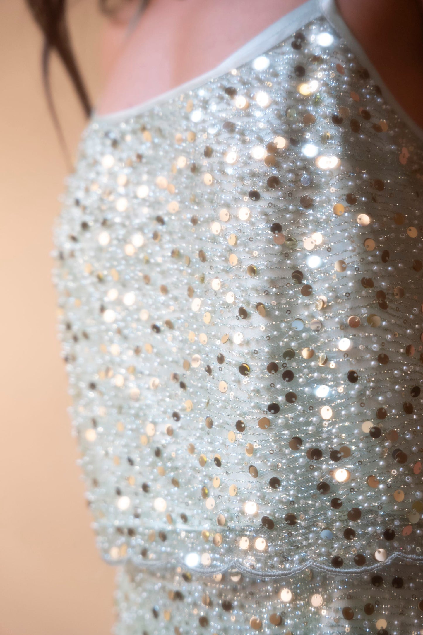 Close-up of the Botteghe Oscure embroidered silk top featuring sequins, rhinestones and bead embellishment on sheer tulle.
