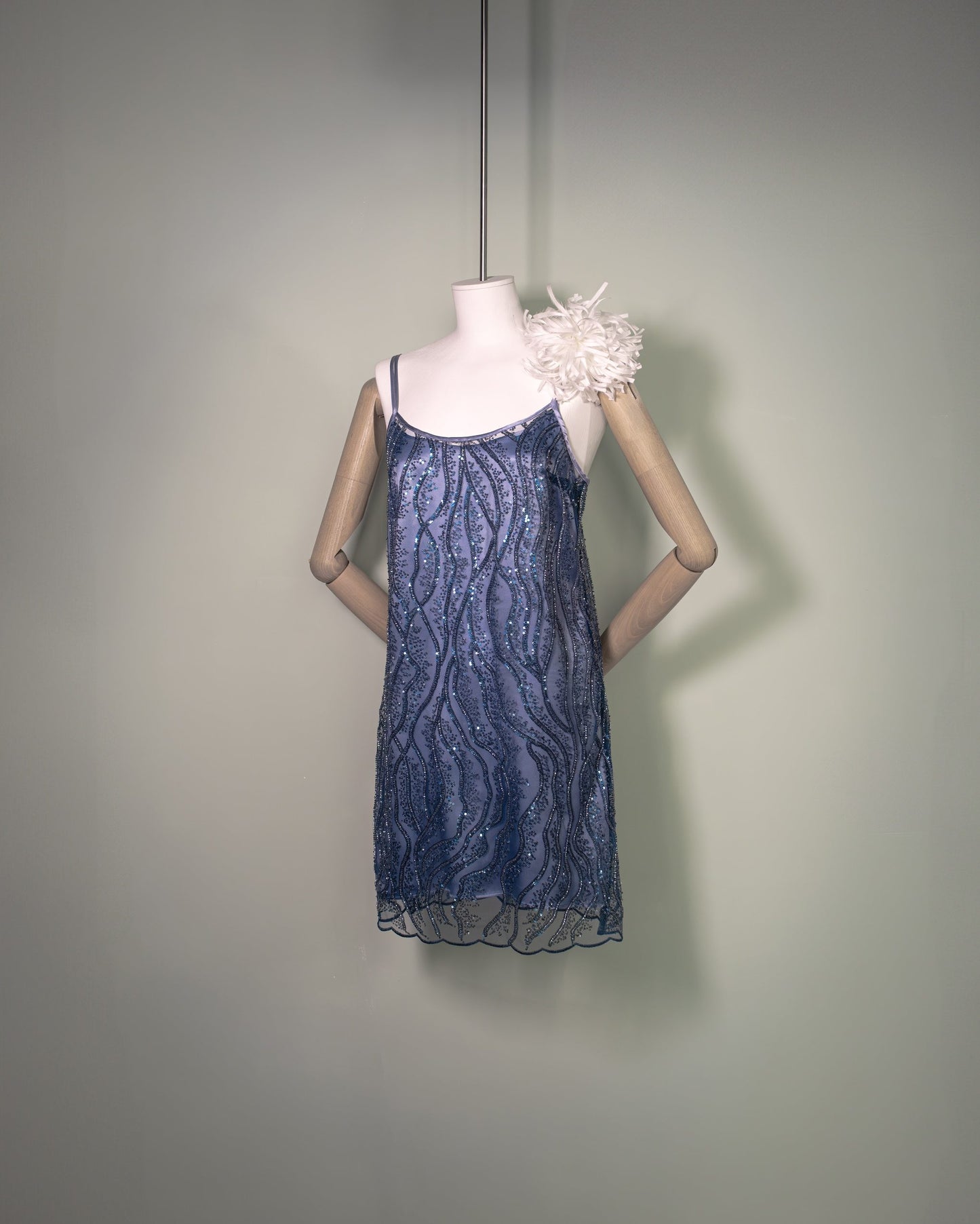 Botteghe Oscure hand-embroidered tulle mini dress with silk satin slip and handcrafted flower brooch.