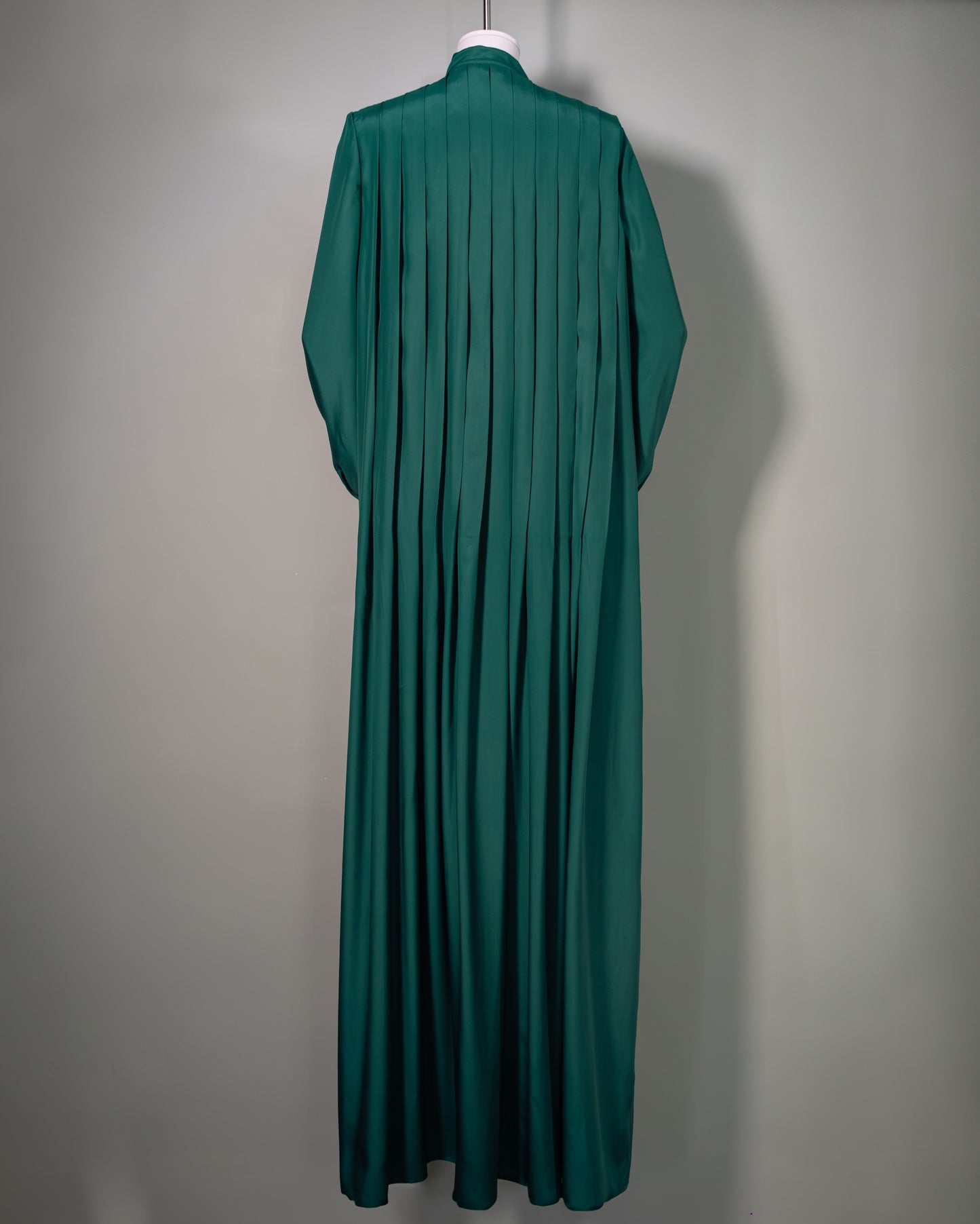 Botteghe Oscure green long pleated silk dress in 100% silk satin, front.