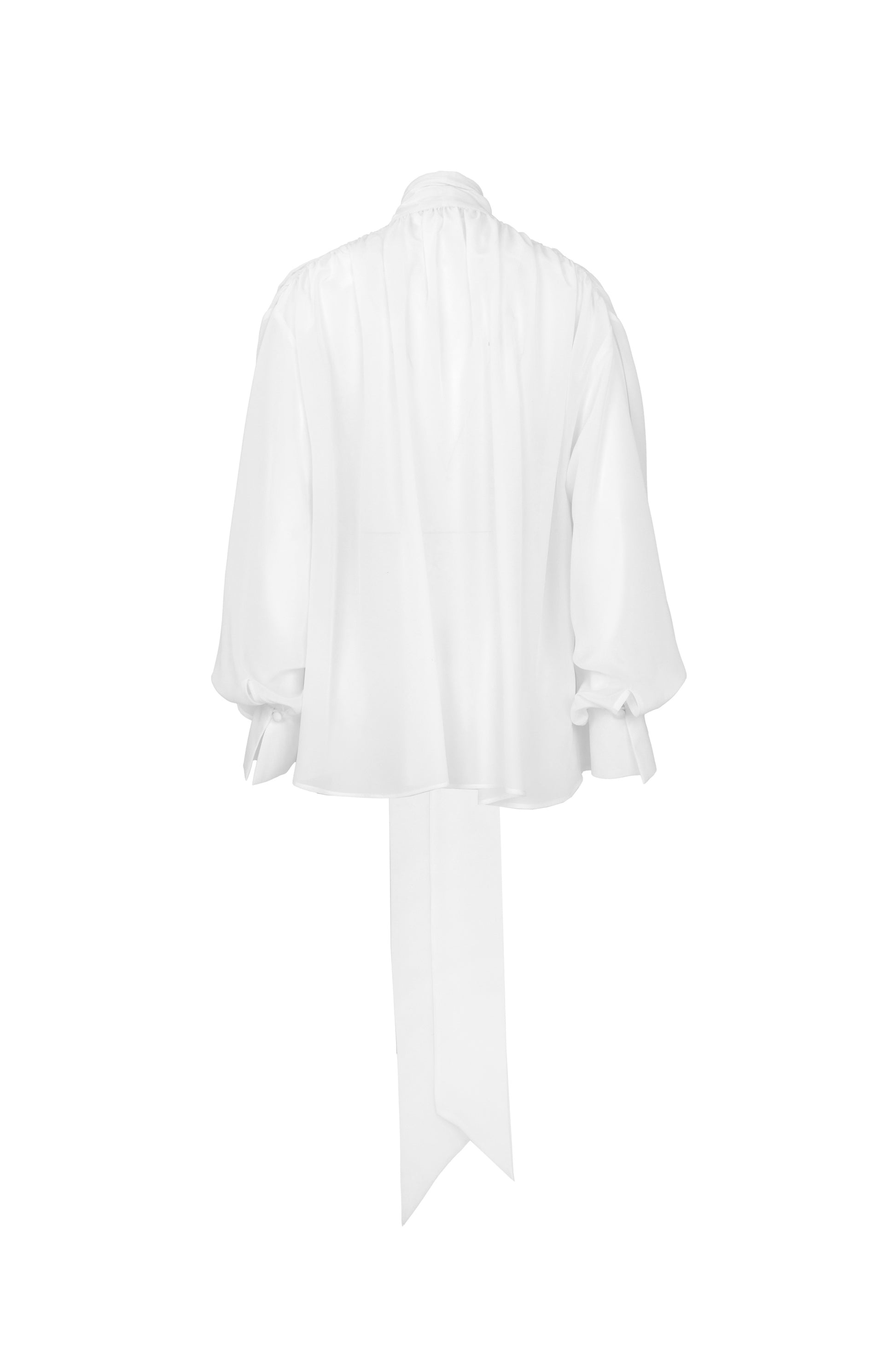 Back view of silk crepe de chine blouse with lavallière bow and ruched shoulders in white by Botteghe Oscure