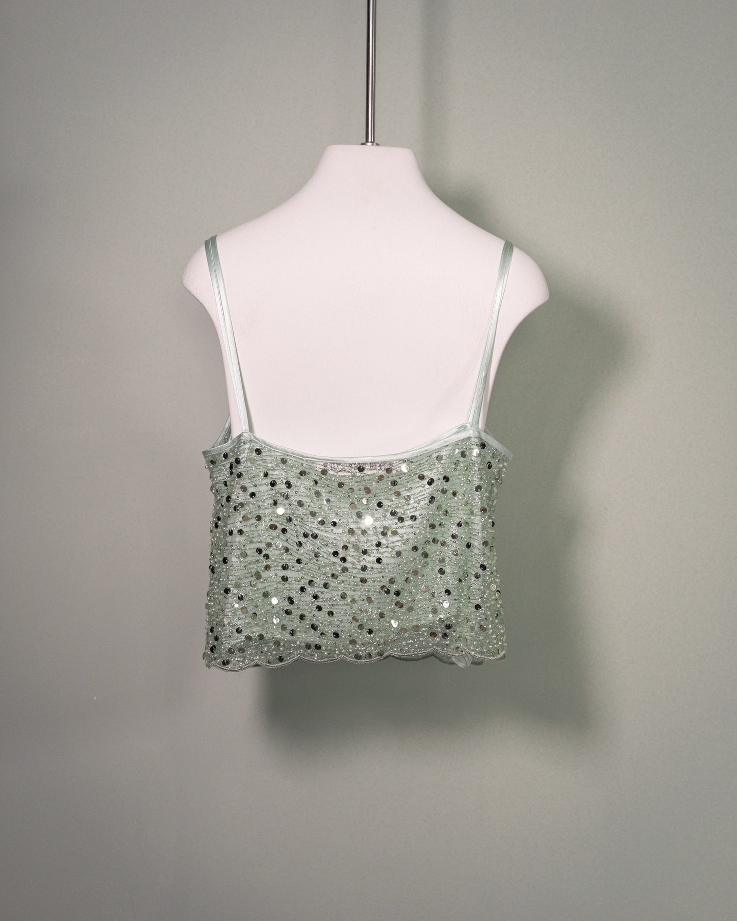 Back view of the Botteghe Oscure embroidered silk top in embellished tulle with sequins, rhinestones and beads.
