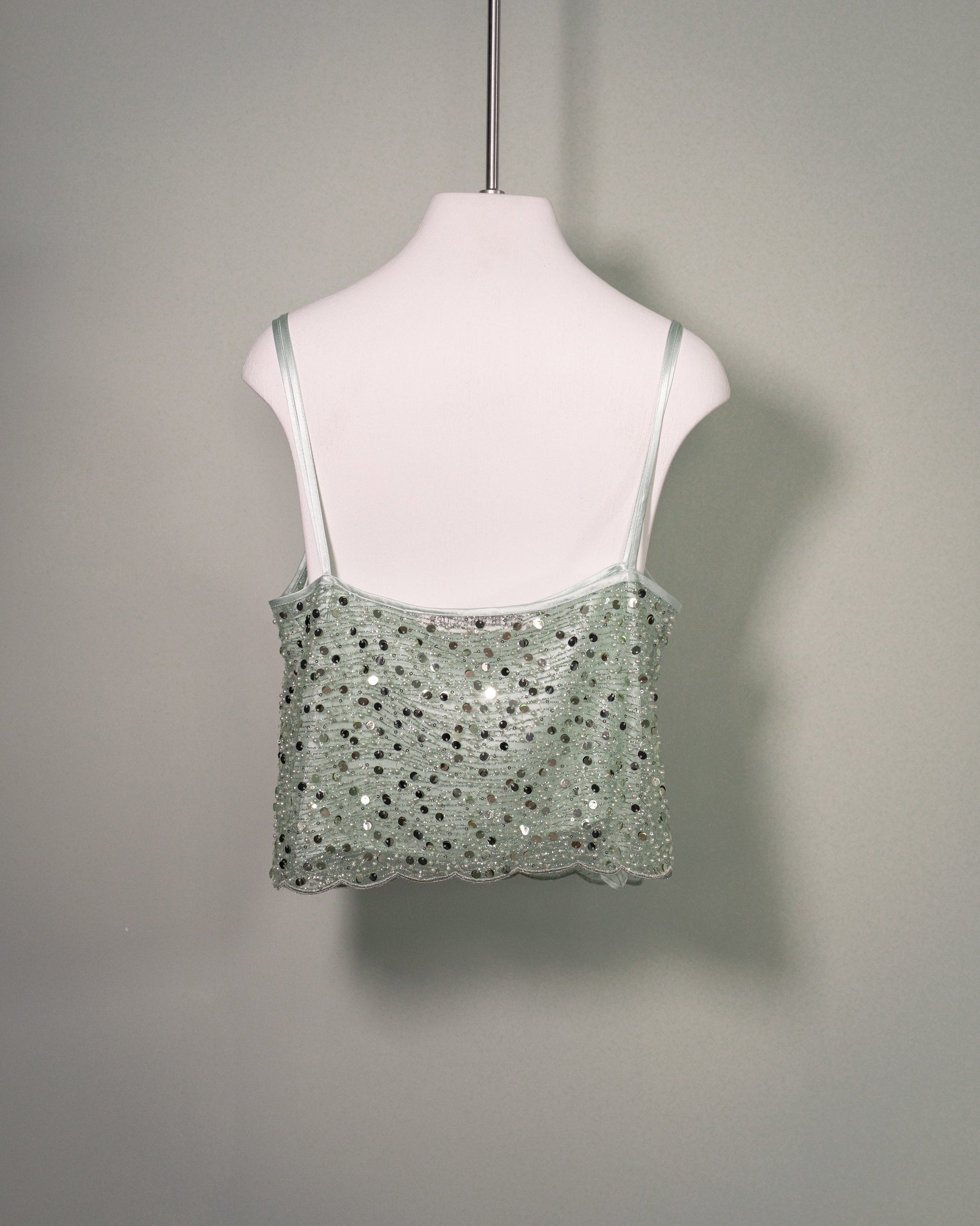 Back view of the Botteghe Oscure embroidered silk top in embellished tulle with sequins, rhinestones and beads.
