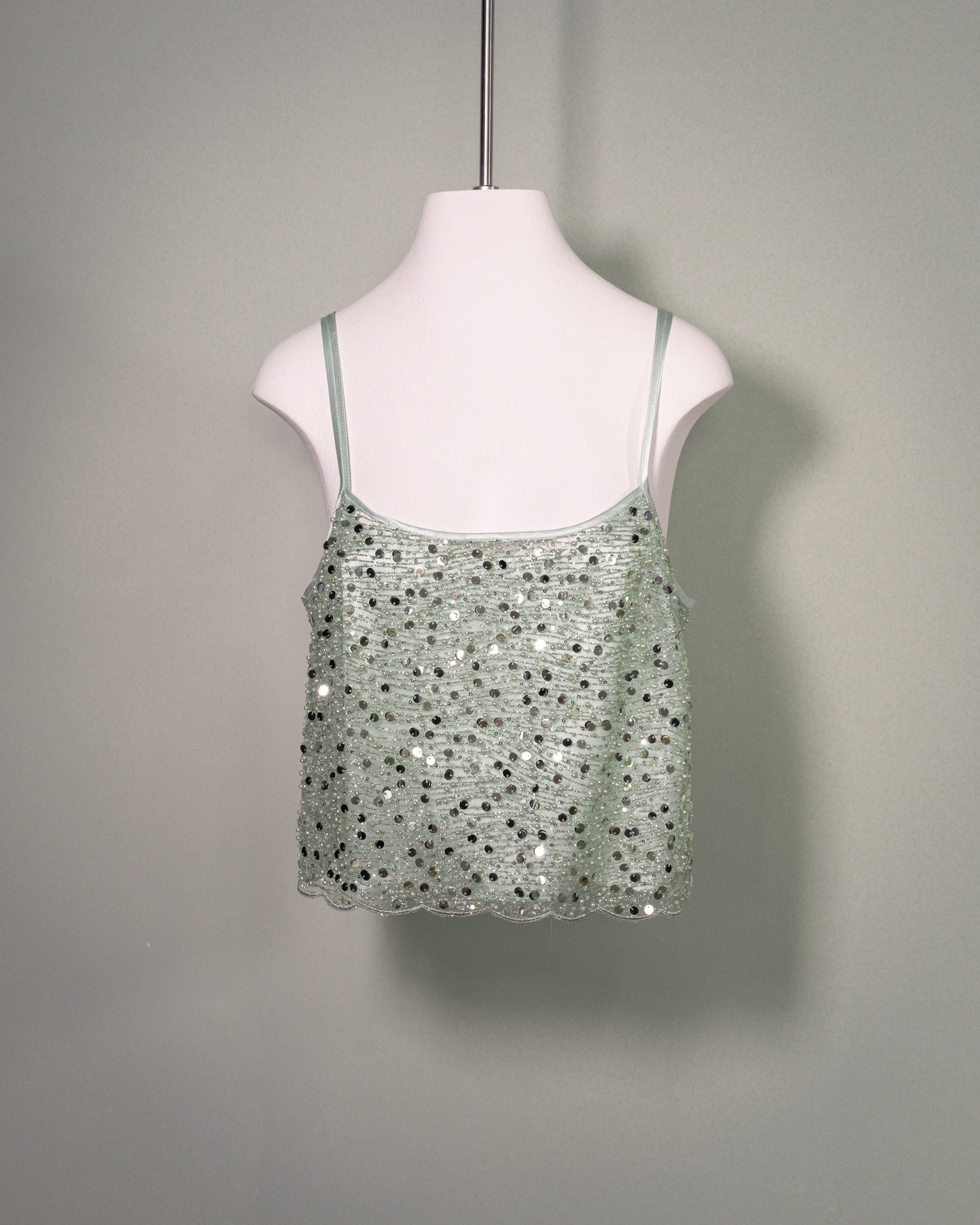Front view of the Botteghe Oscure embroidered silk top in embellished tulle with sequins, rhinestones and beads.
