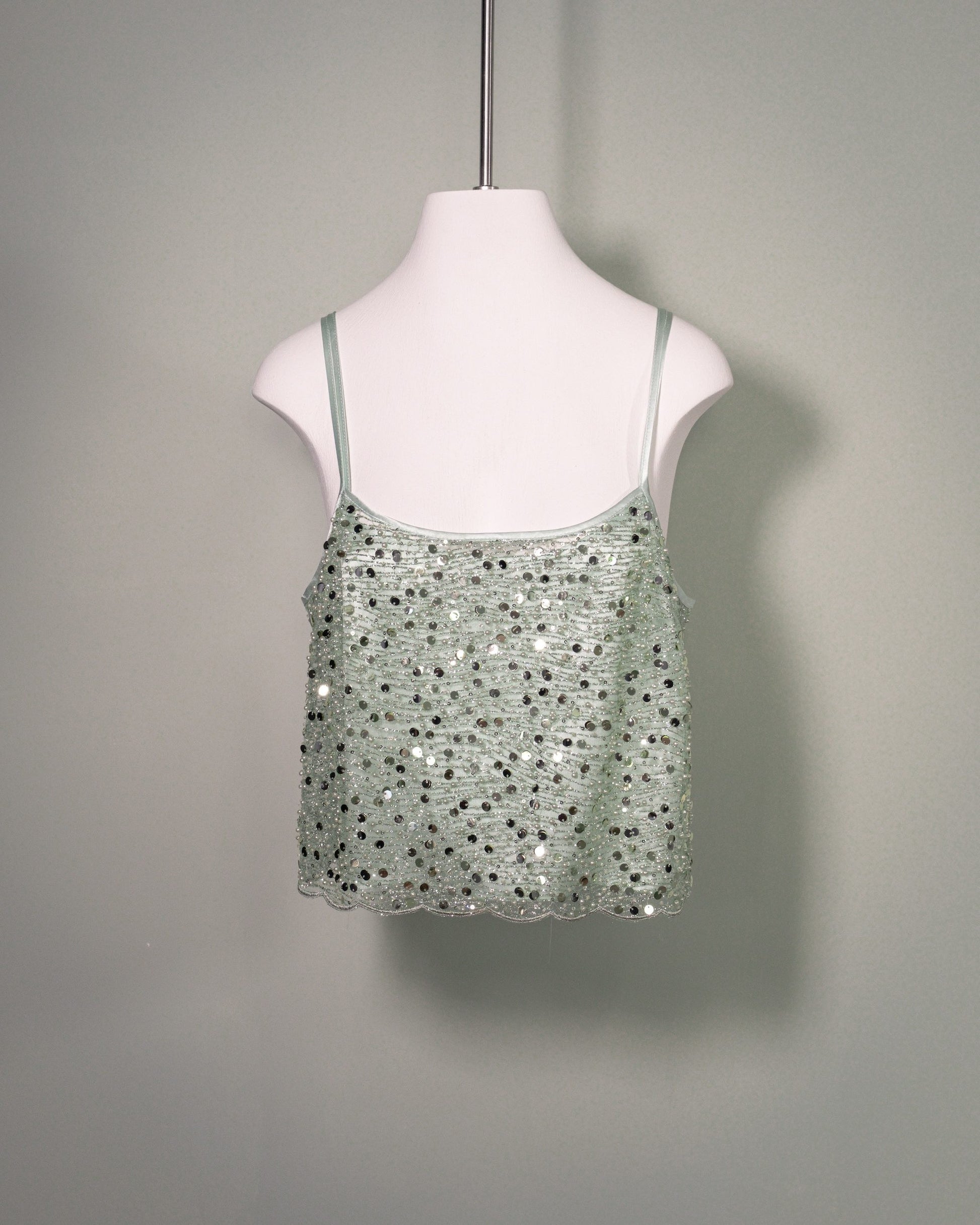 Front view of the Botteghe Oscure embroidered silk top in embellished tulle with sequins, rhinestones and beads.
