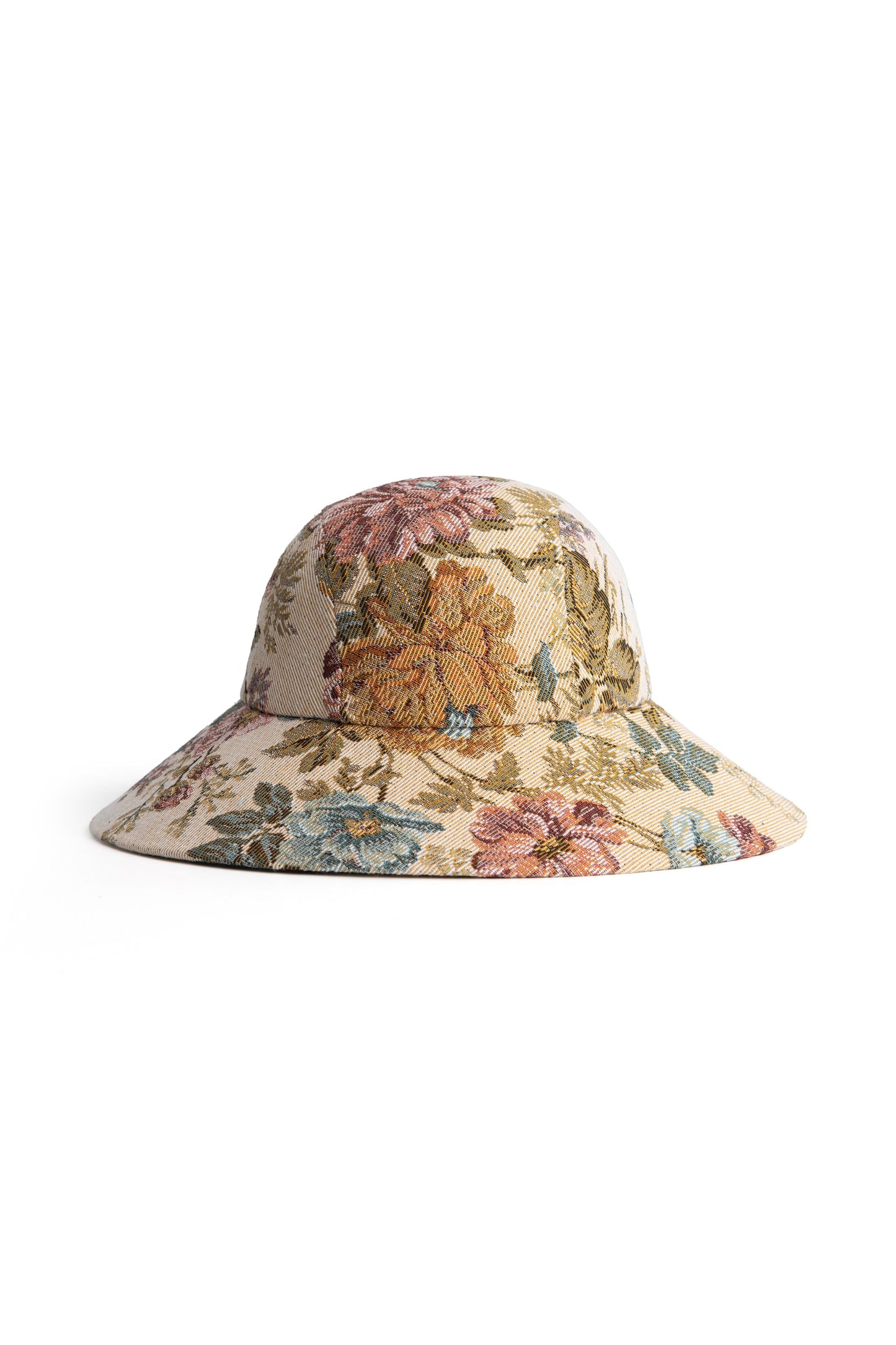 Handmade bucket hat in floral jacquard, inspired by Regency bonnets by Botteghe Oscure – front view