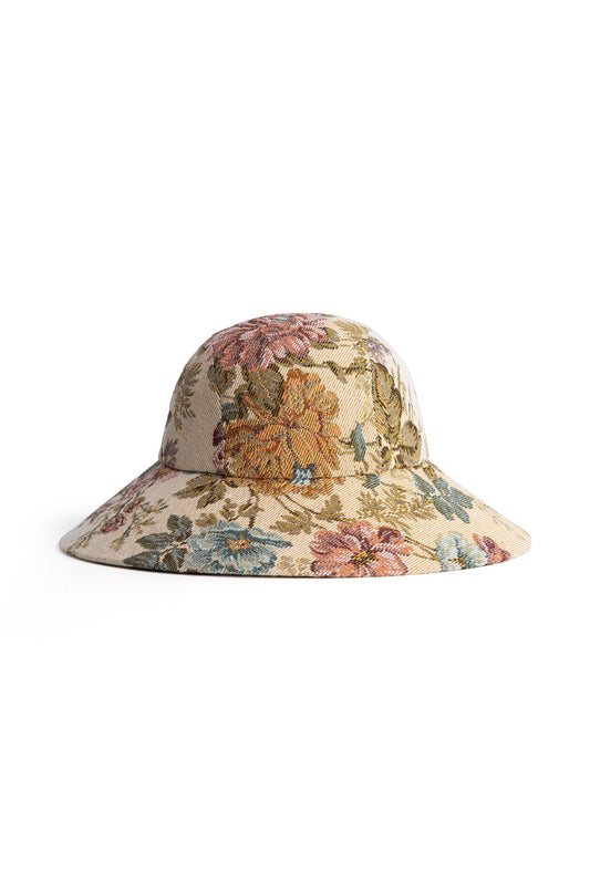 Handmade bucket hat in floral jacquard, inspired by Regency bonnets by Botteghe Oscure – front view