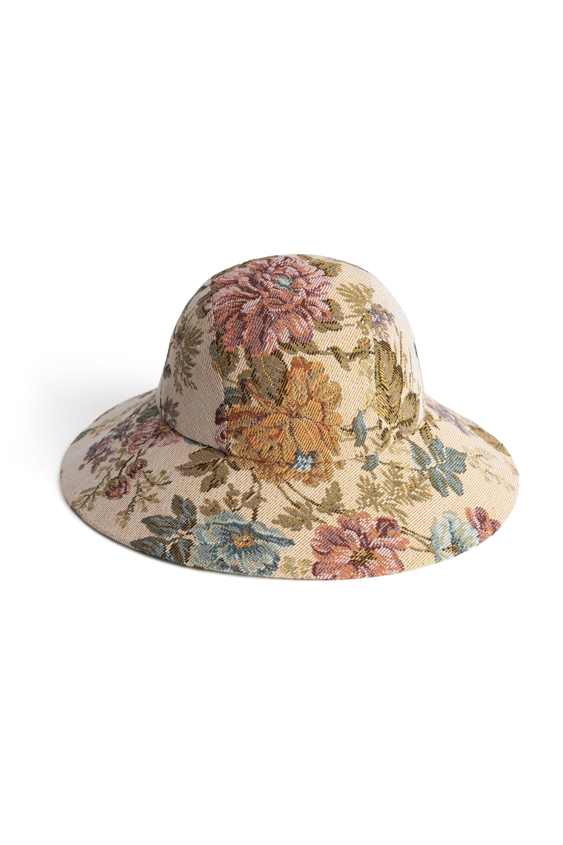 Handmade bucket hat in floral jacquard, inspired by Regency bonnets by Botteghe Oscure – side view