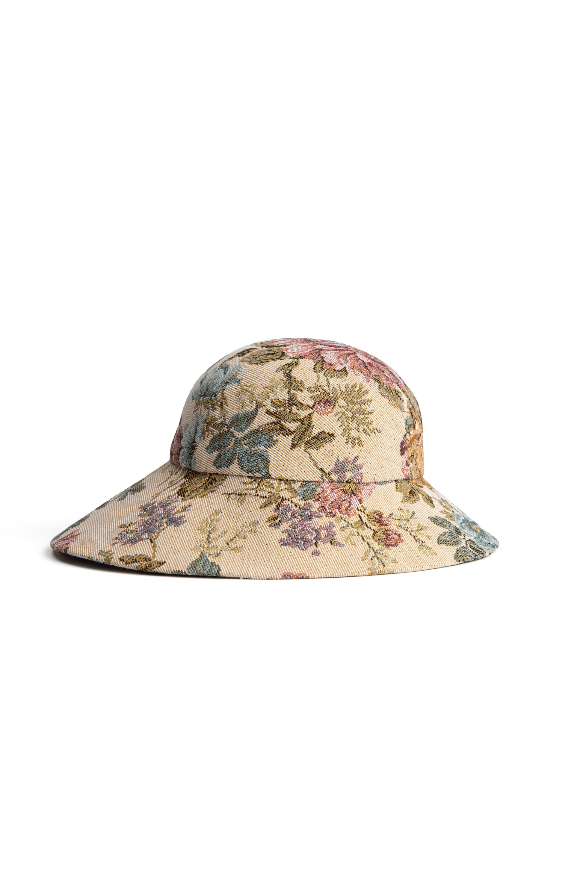 Handmade bucket hat in floral jacquard, inspired by Regency bonnets by Botteghe Oscure – side 2 view