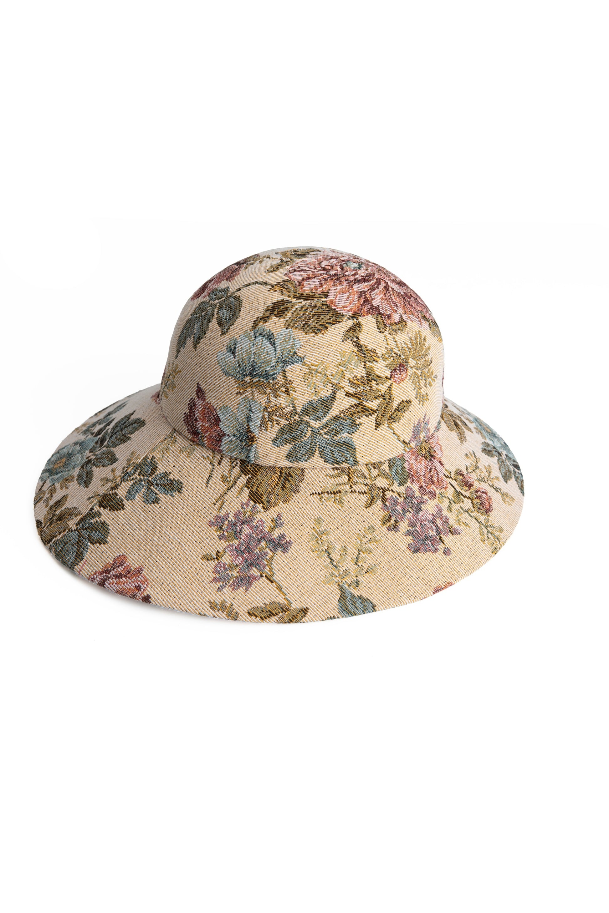 Handmade bucket hat in floral jacquard, inspired by Regency bonnets by Botteghe Oscure – back view