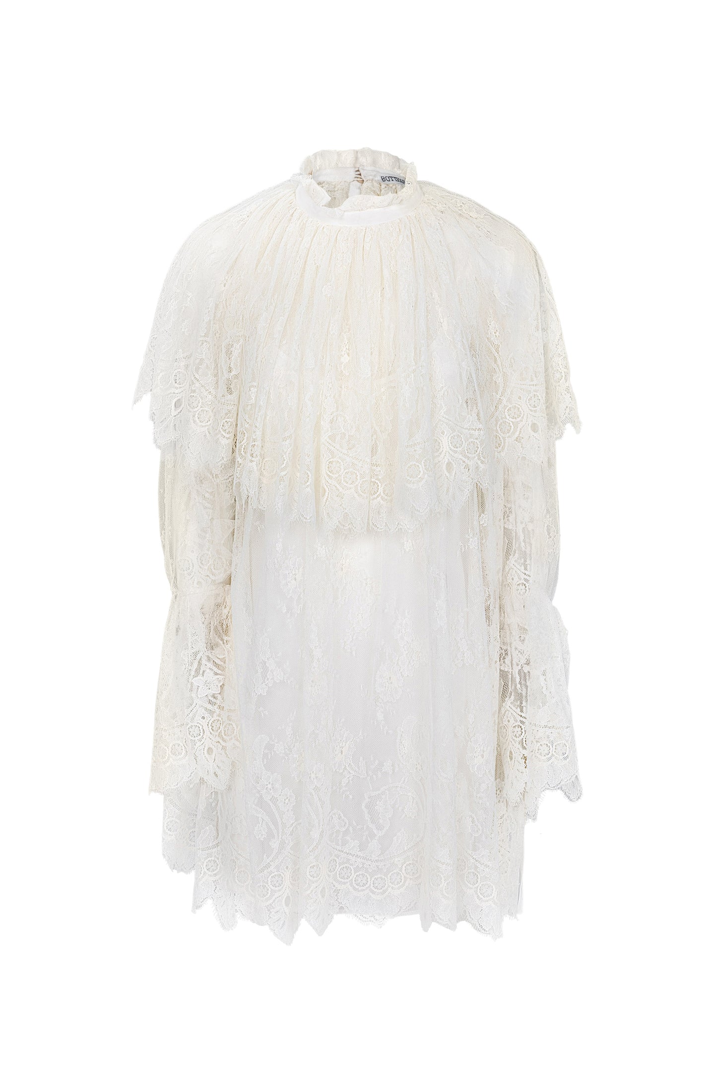 Botteghe Oscure dress in French Chantilly lace with draped lace capelet and silk - front