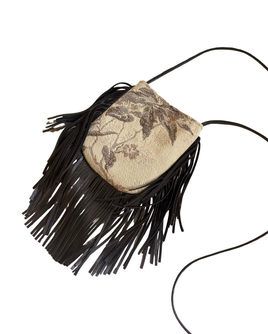 Mini crossbody bag in vintage jacquard with nappa leather details and fringes, one of a kind by Botteghe oscure