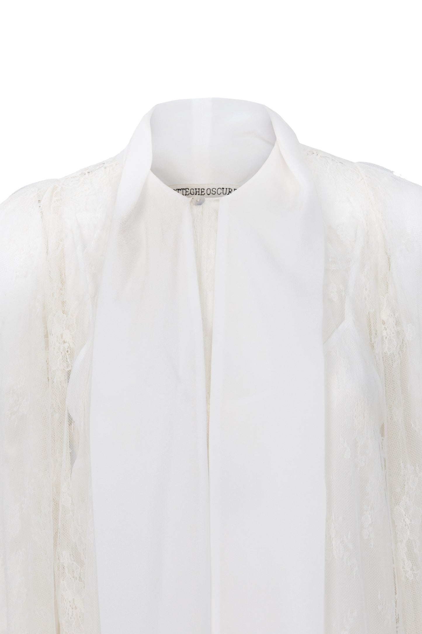 Estella asymmetrical dress in french chantilly lace with silk scarf and silk petticoat by Botteghe Oscure, detail
