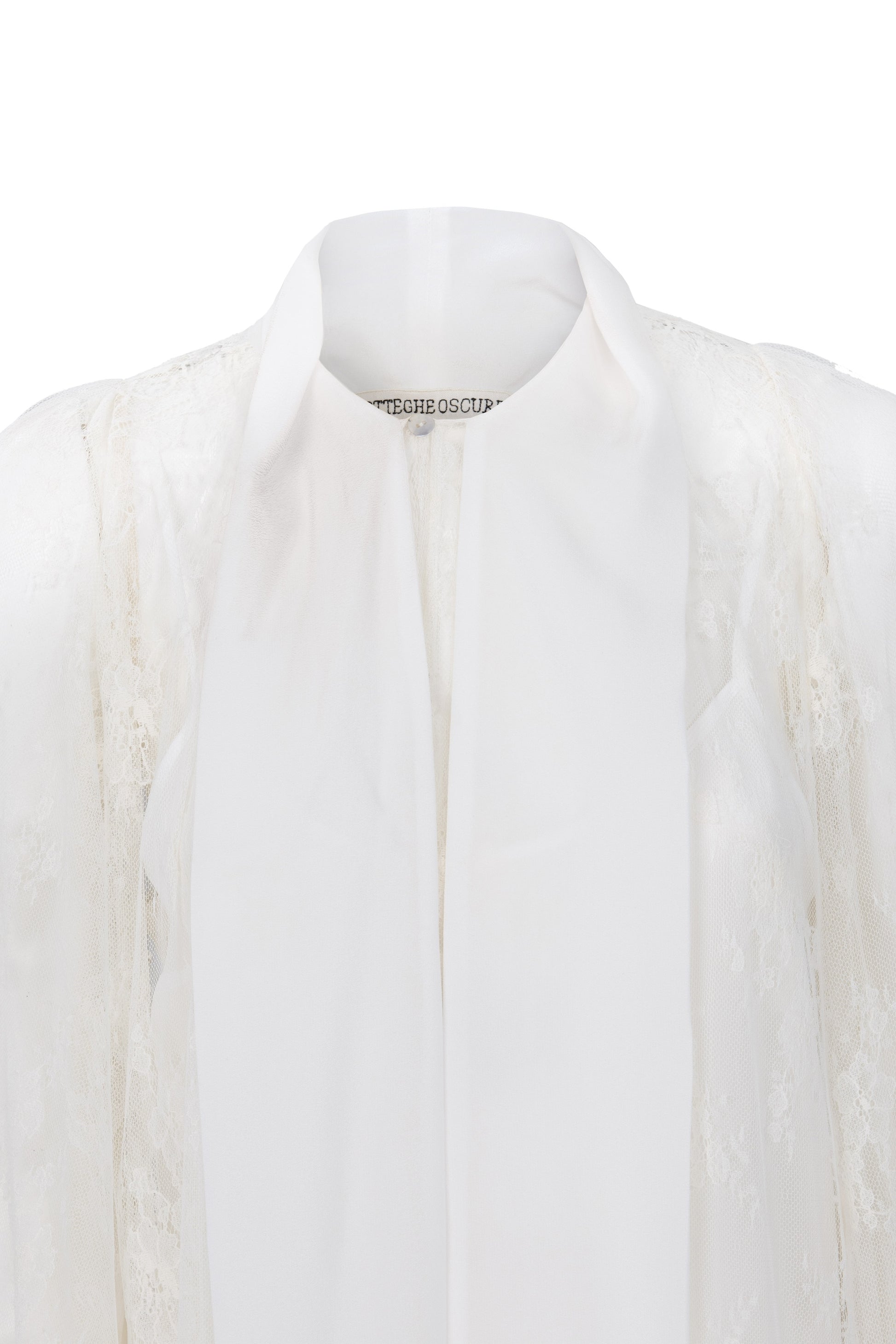 Estella asymmetrical dress in french chantilly lace with silk scarf and silk petticoat by Botteghe Oscure, detail