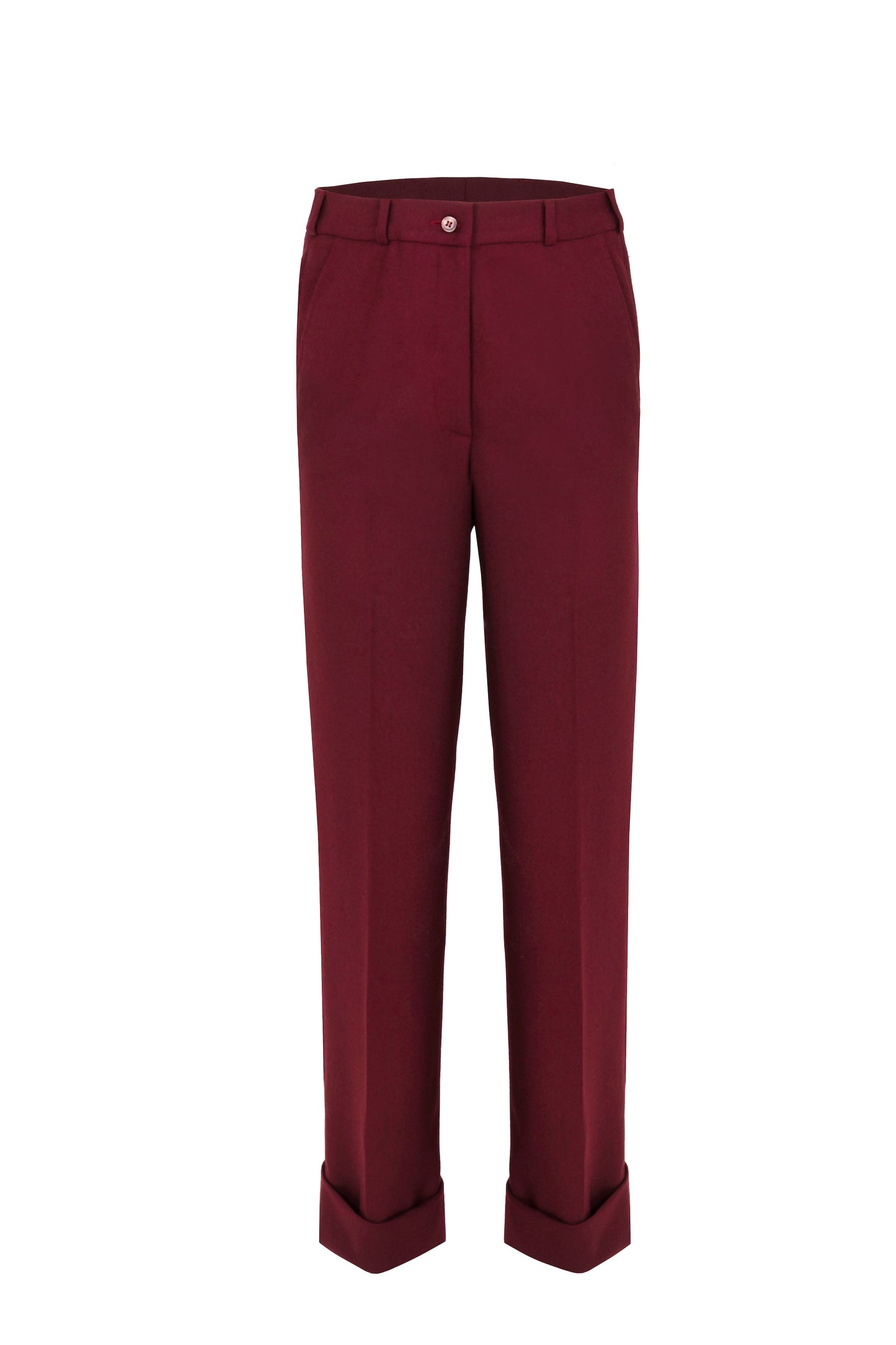 Front view of tailored flare trousers in burgundy virgin wool by botteghe Oscure