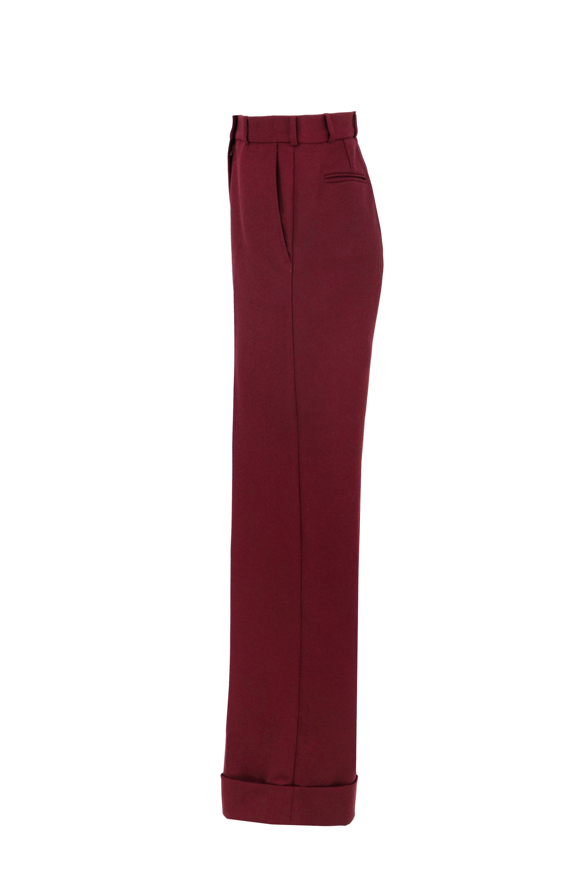 Side view of tailored flare trousers in burgundy virgin wool by Botteghe Oscure