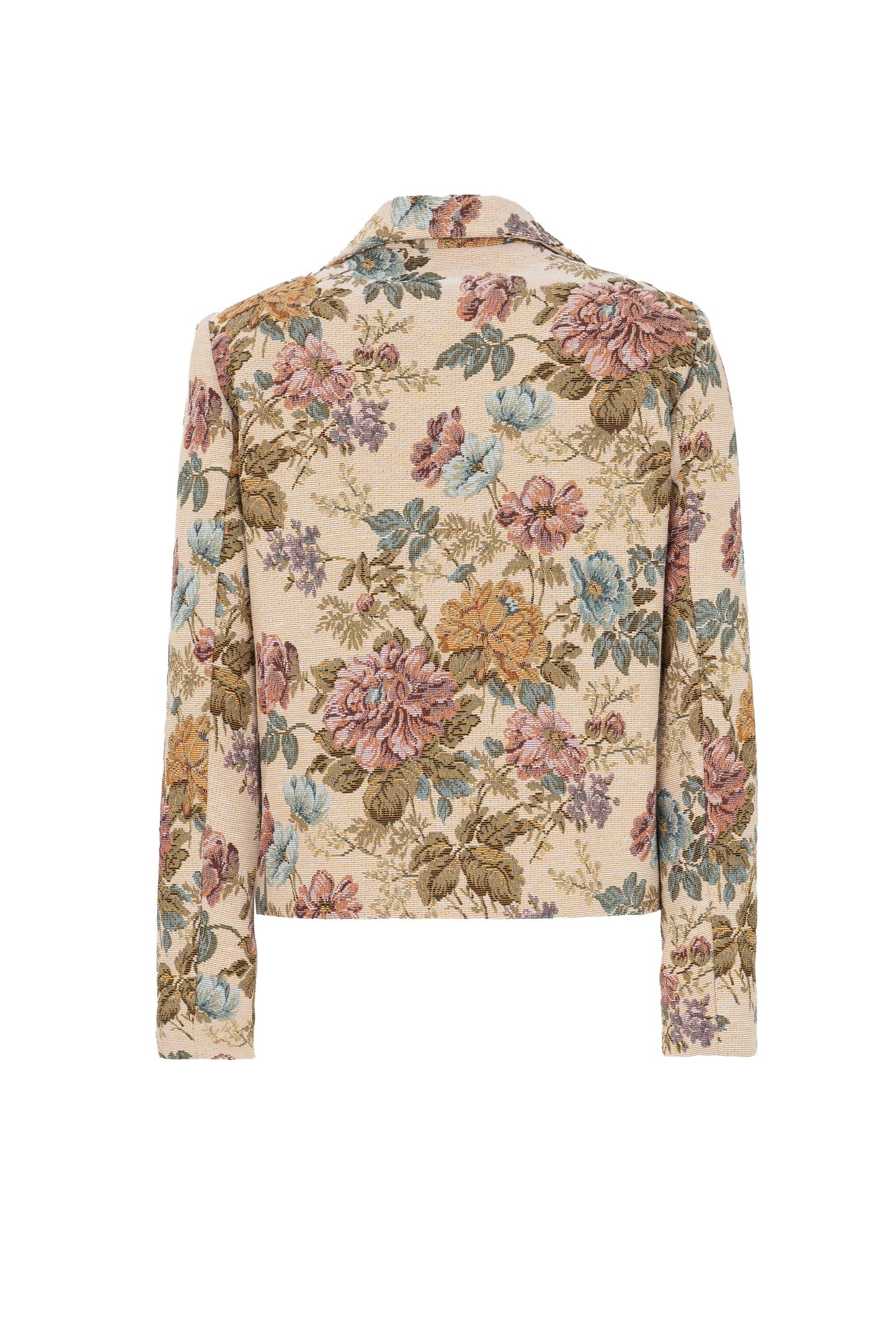 Back view of floral jacquard blazer by Botteghe Oscure with structured shoulders and vintage tapestry pattern.
