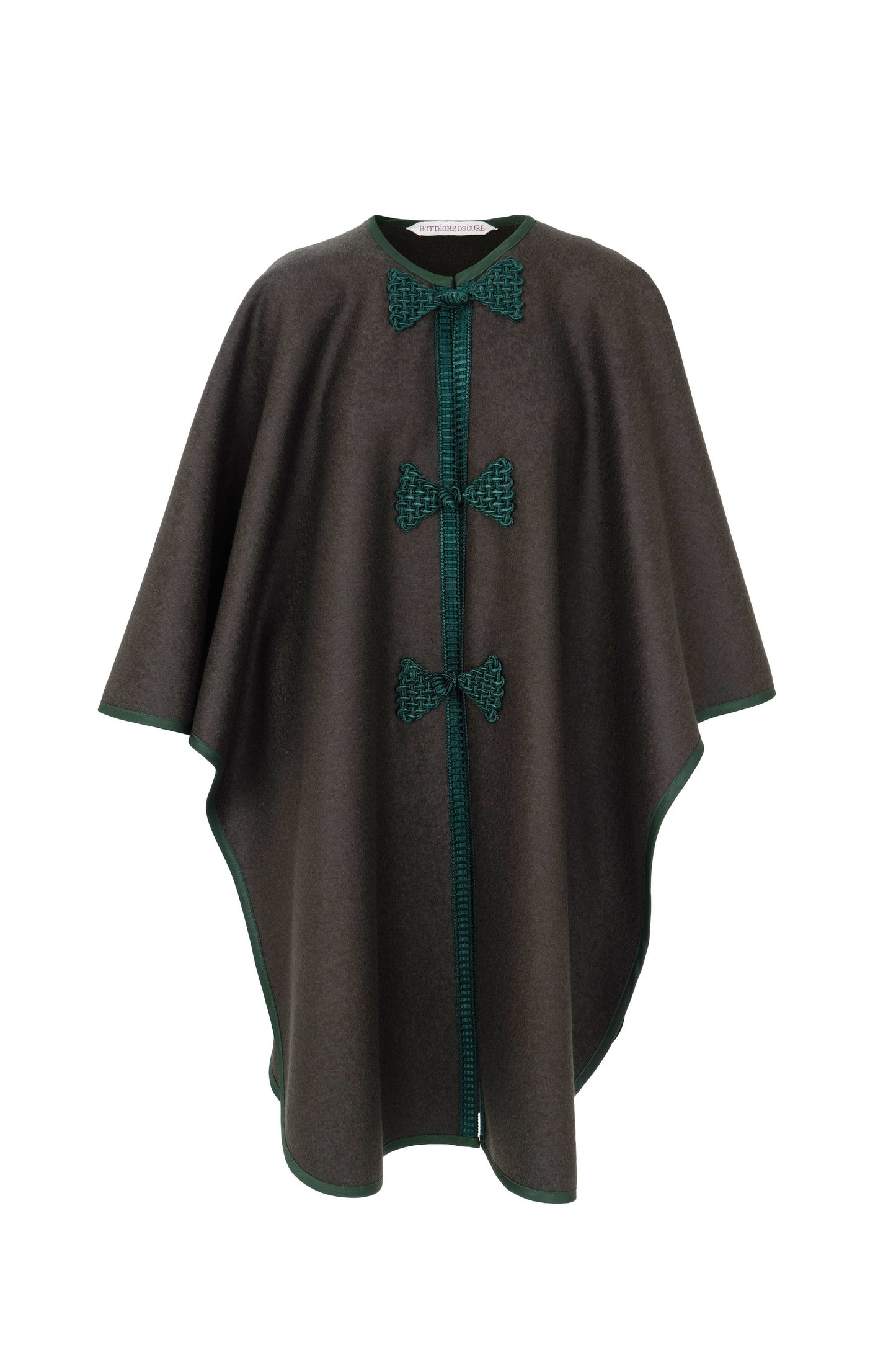 Front view of Botteghe Oscure Loden wool cape with handmade frogs and trimmings 