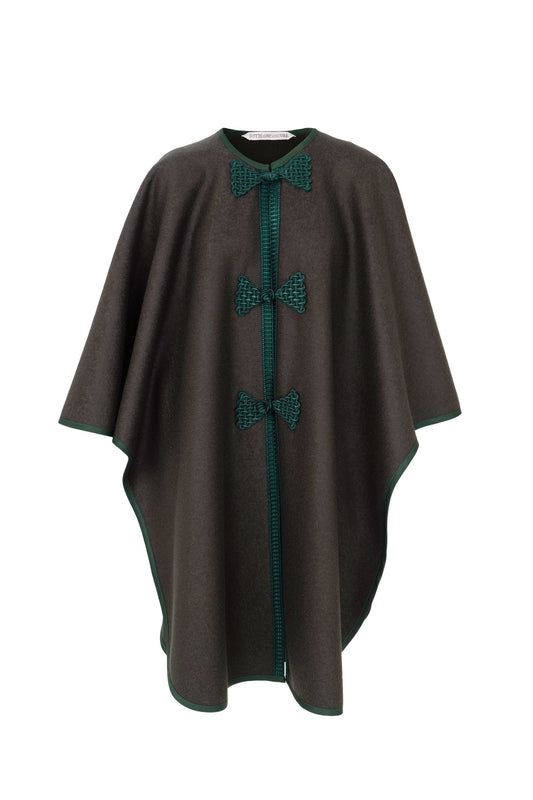 Front view of Botteghe Oscure Loden wool cape with handmade frogs and trimmings 