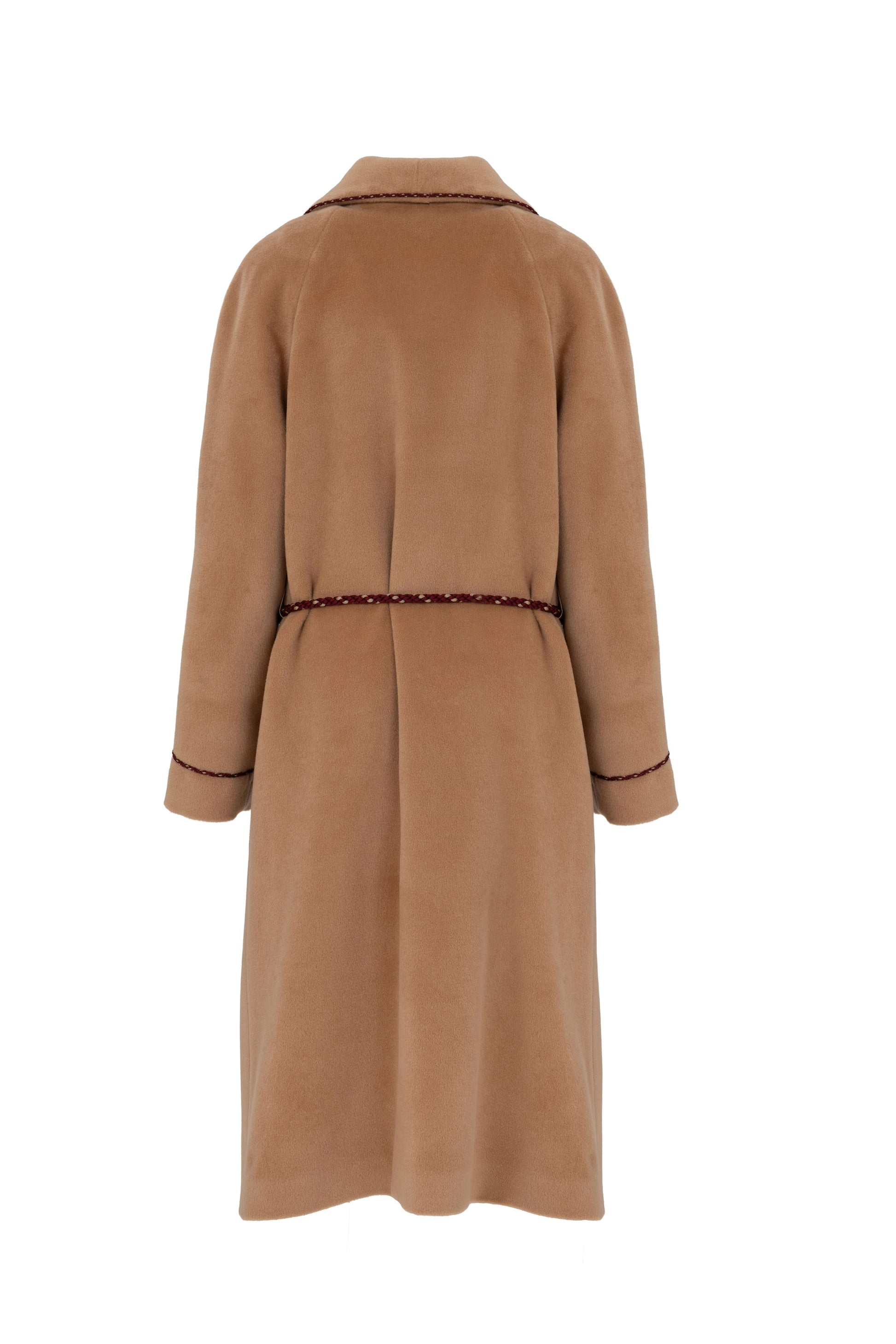 Back view of camel combed wool wrap coat with perlé cord belt, on white background, Botteghe Oscure.
