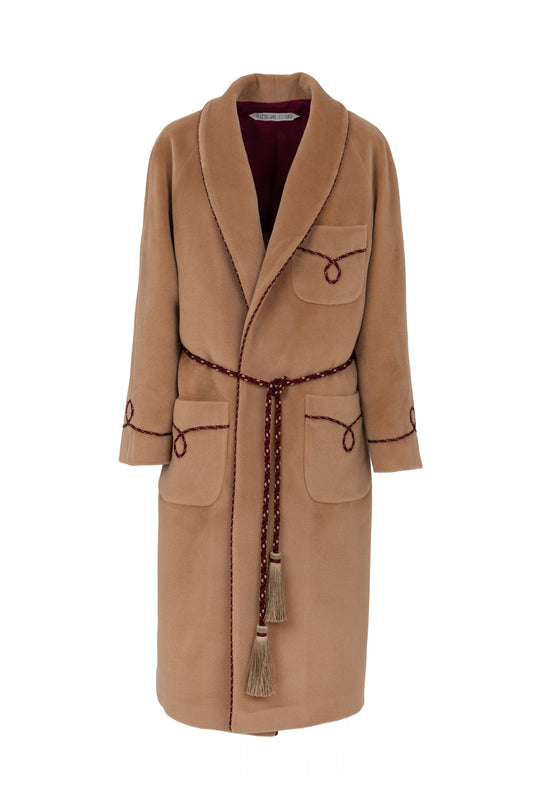 Camel combed wool wrap coat inspired by dressing gowns, front view on white background, with bi-colour twisted cord details and perlé cord belt, Botteghe Oscure.
