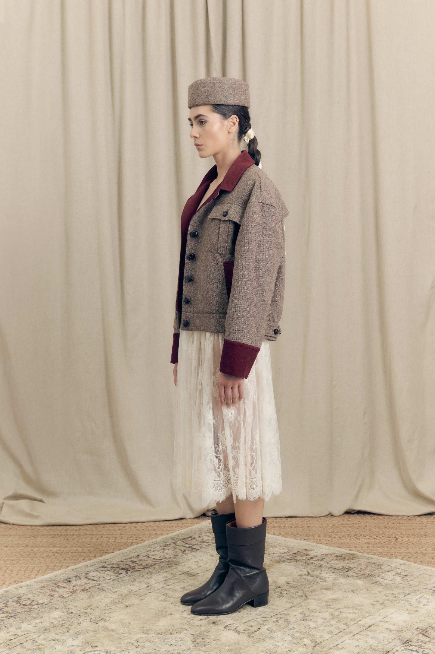 Oversized tweed bomber jacket with chantilly lace skirt side view Botteghe Oscure

