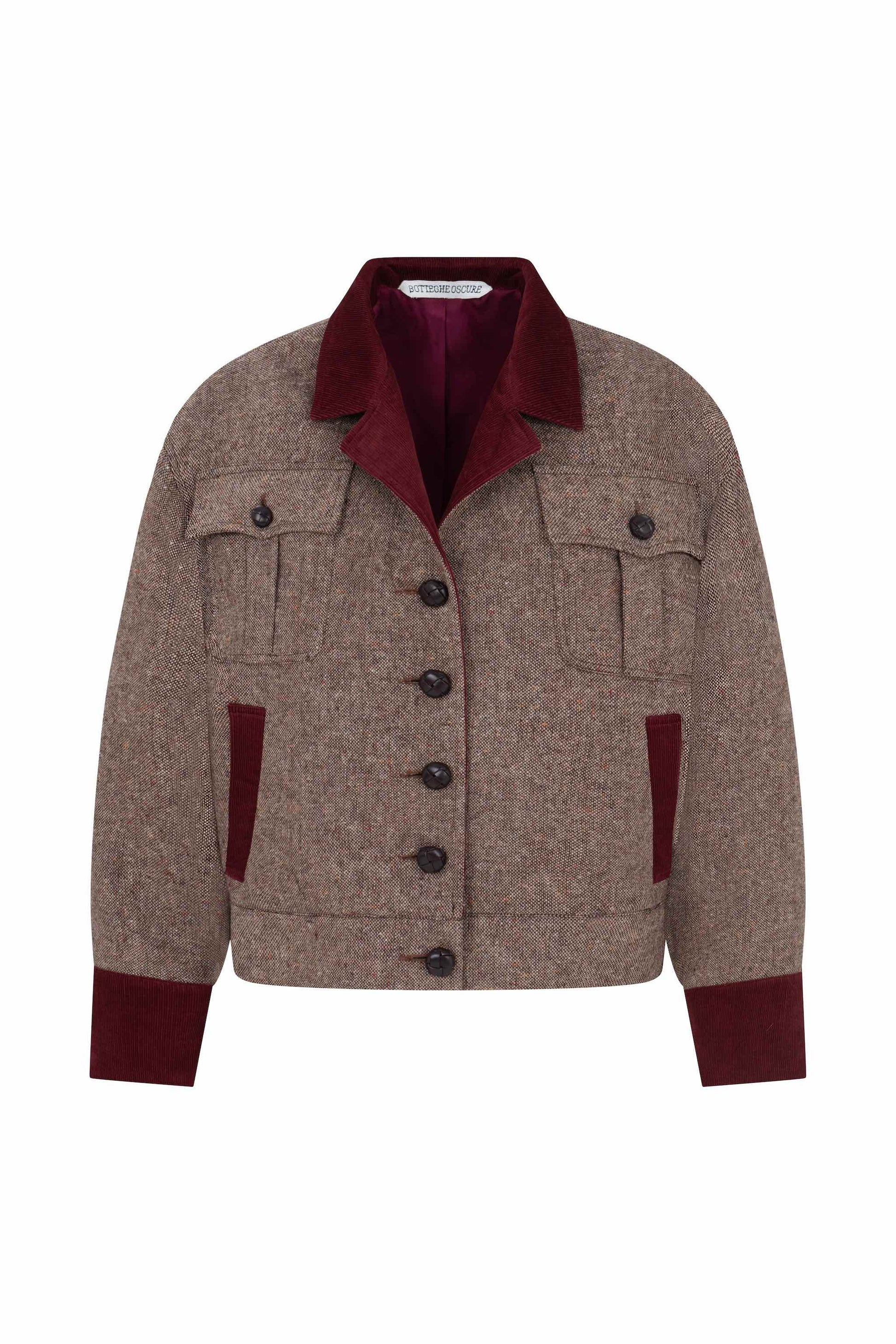 Oversized tweed bomber jacket front view with velvet details Botteghe Oscure
