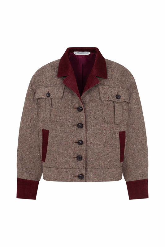 Oversized tweed bomber jacket front view with velvet details Botteghe Oscure
