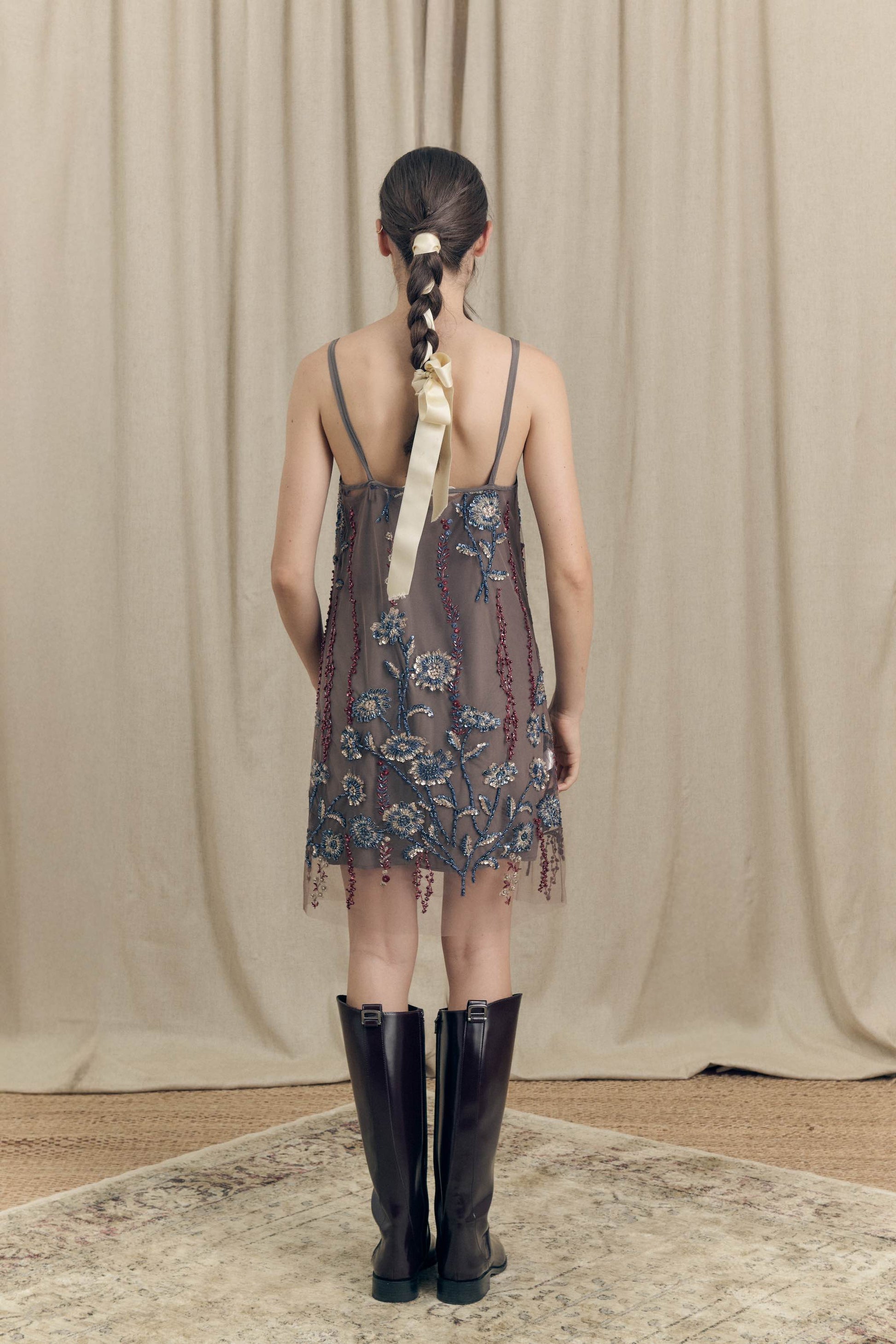 Botteghe Oscure vintage embroidered tulle tank dress, back view with delicate spaghetti straps.