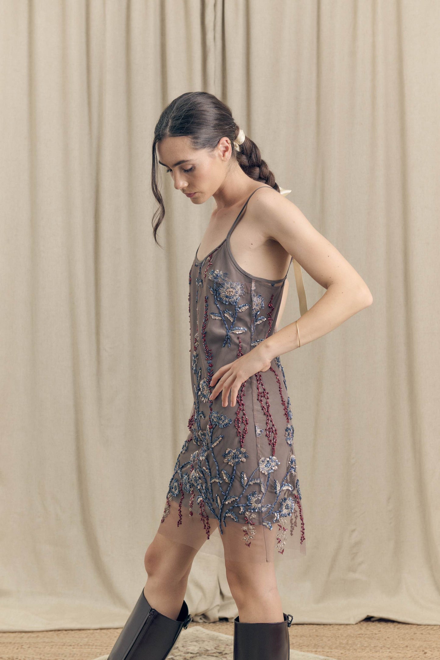 Botteghe Oscure vintage embroidered tulle tank dress, side view showing sheer layers and hand embroidery.