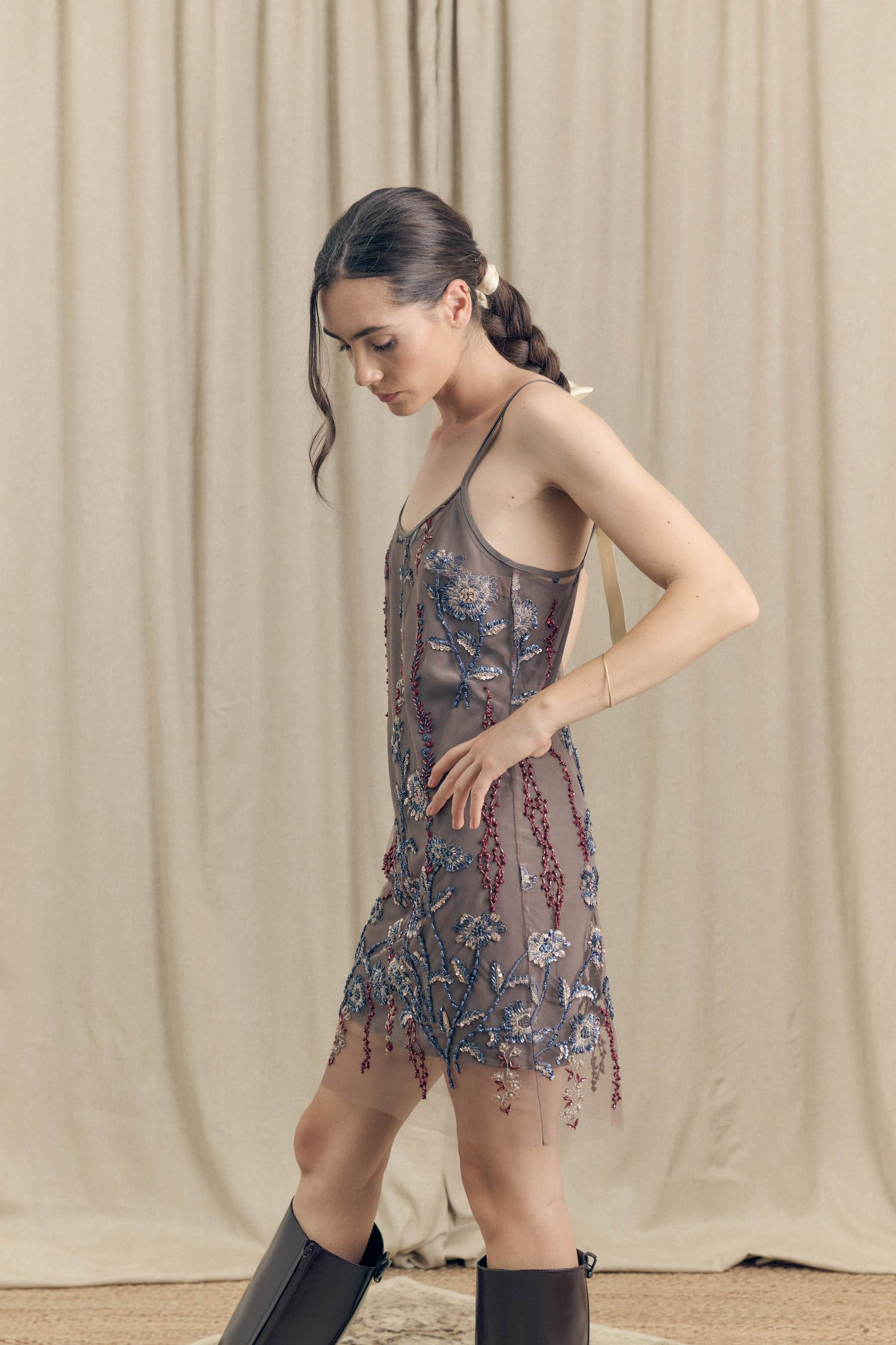 Botteghe Oscure vintage embroidered tulle tank dress, side view showing sheer layers and hand embroidery.