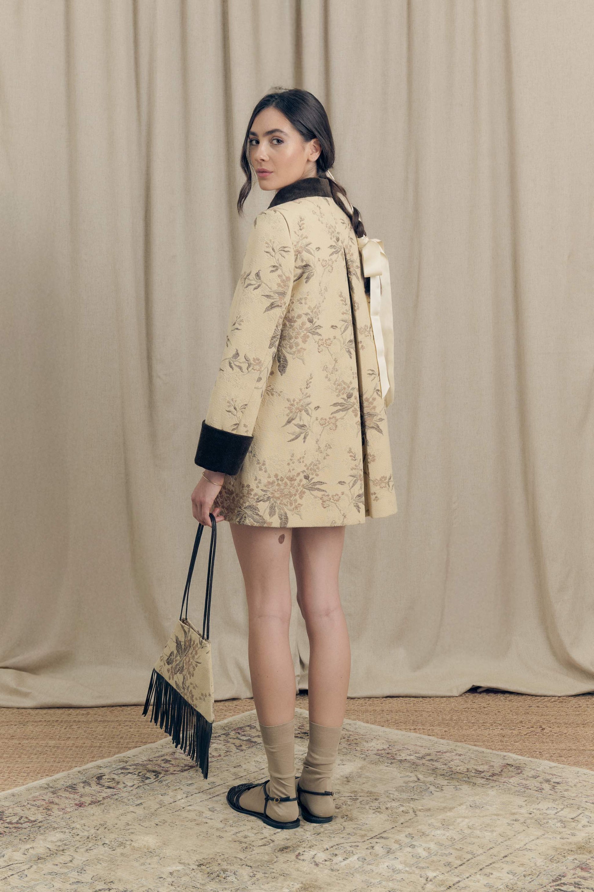 Botteghe Oscure one-of-a-kind field jacket in vintage tapestry fabric, back view with botanical pattern and velvet collar and cuffs