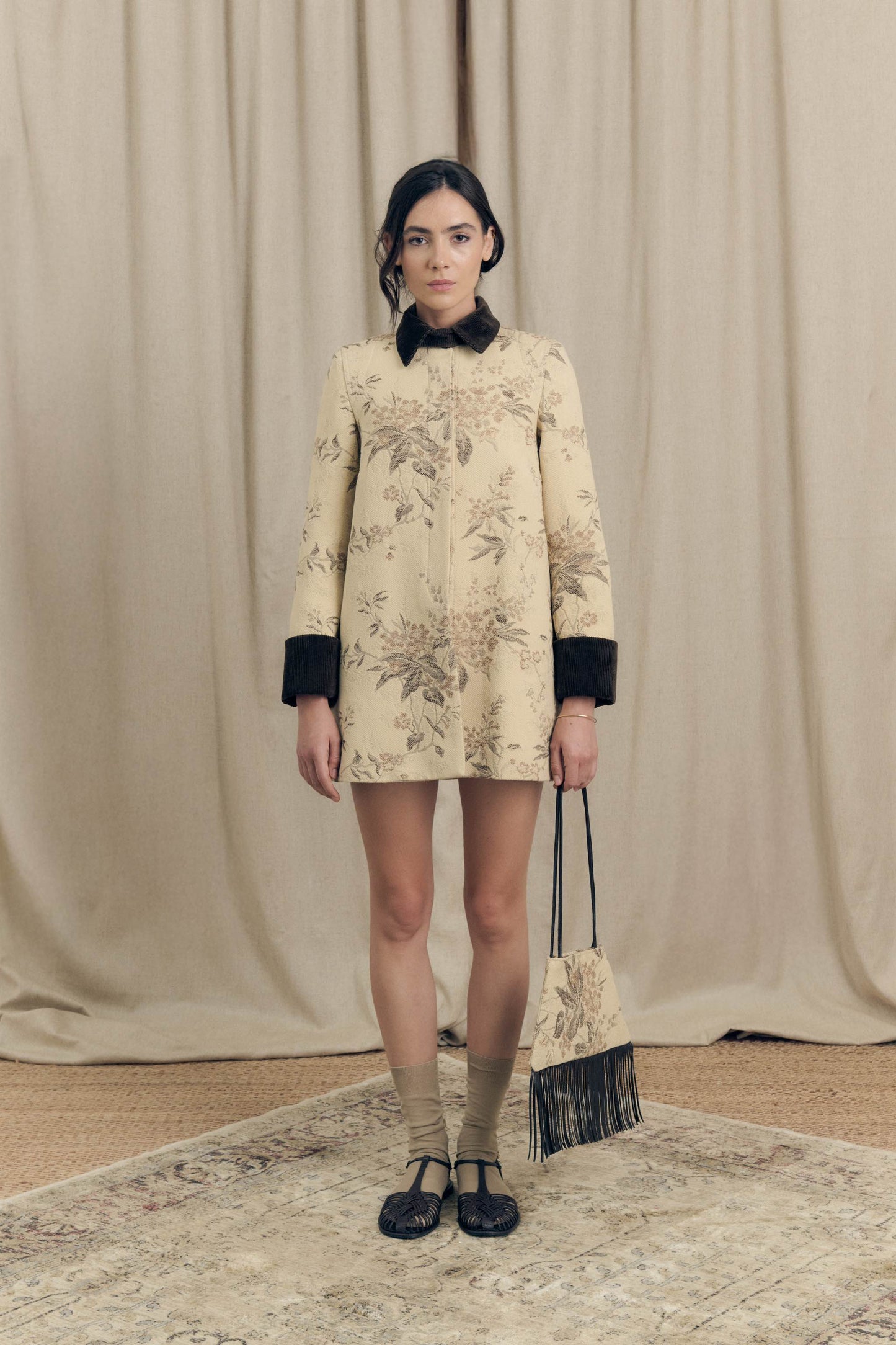 Botteghe Oscure one-of-a-kind field jacket in vintage tapestry fabric, front view with botanical pattern and velvet collar and cuffs