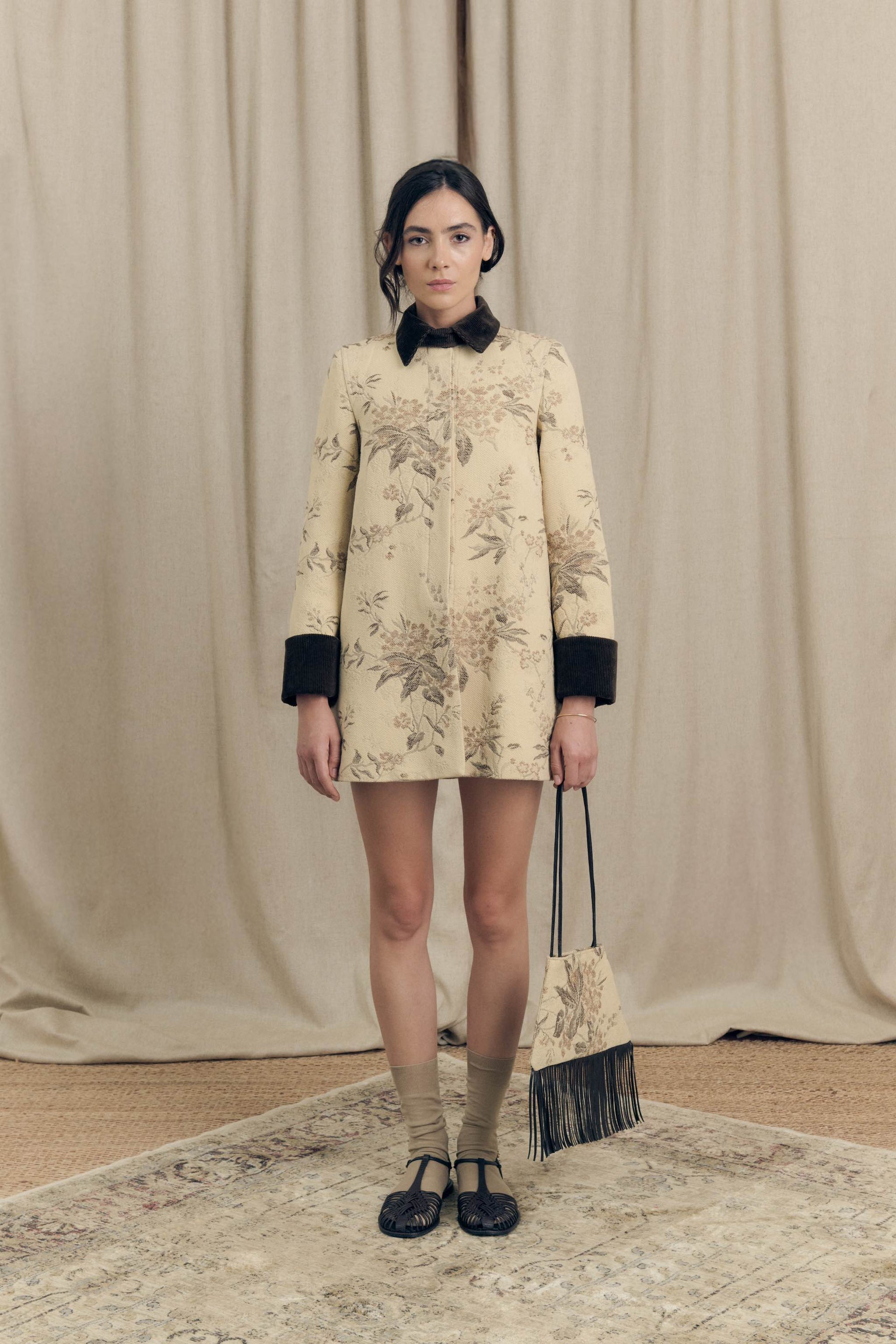 Botteghe Oscure one-of-a-kind field jacket in vintage tapestry fabric, front view with botanical pattern and velvet collar and cuffs