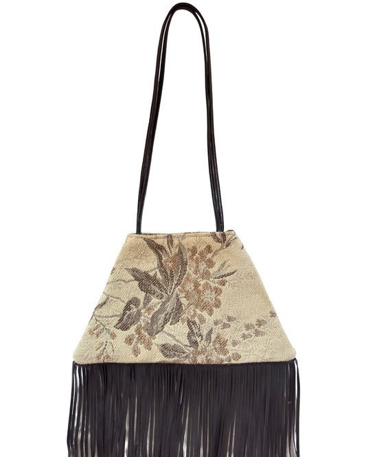 Hand and shoulder bag by Botteghe Oscure, handmade,  in floral vintage jacquard fabric with black nappa leather fringes.