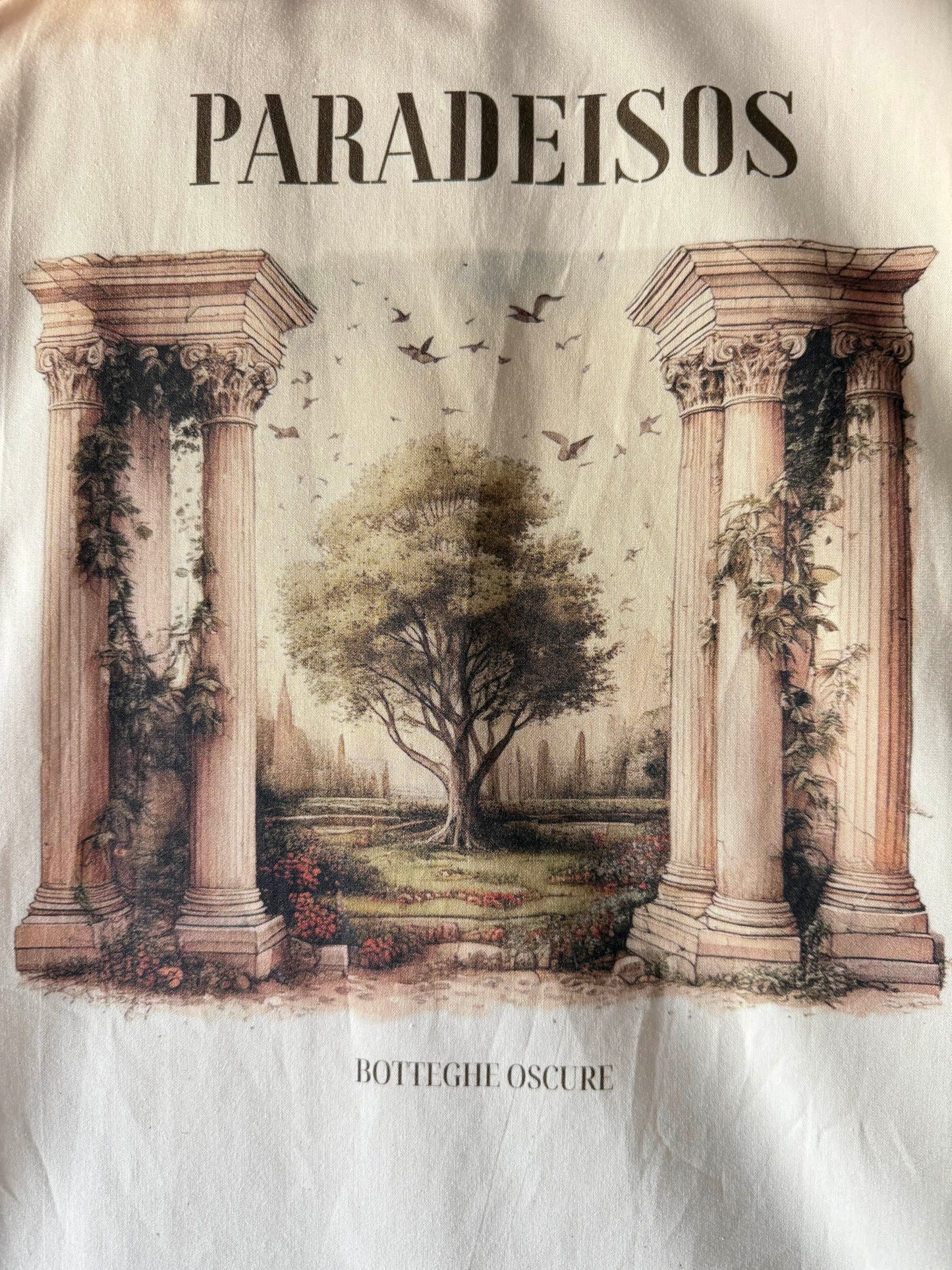 Front view of Paradeisos tote bag with reactive print inspired by classical columns and landscape by Botteghe Oscure