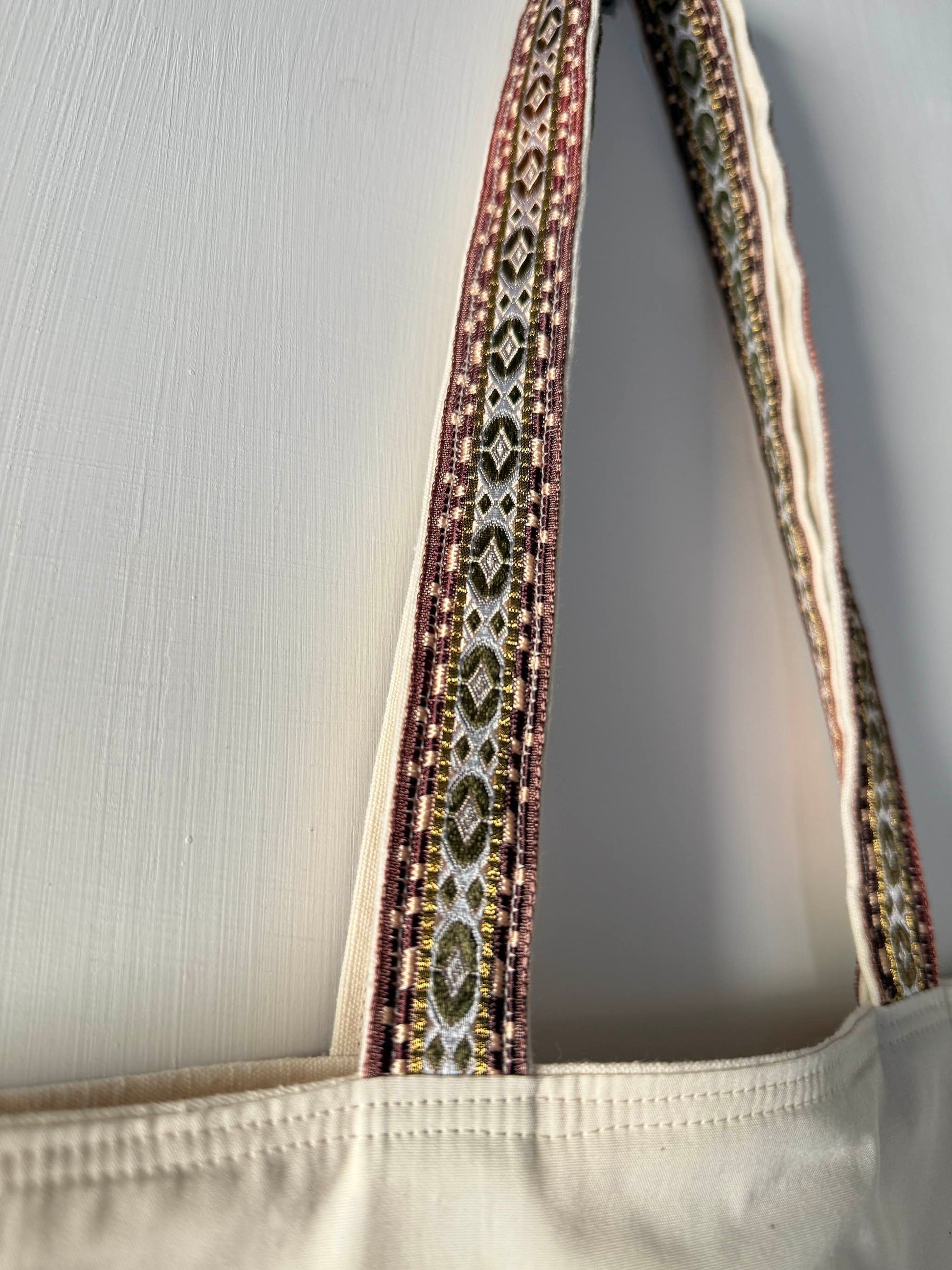 Close-up of vintage lurex trim handles on Paradeisos tote bag by Botteghe Oscure