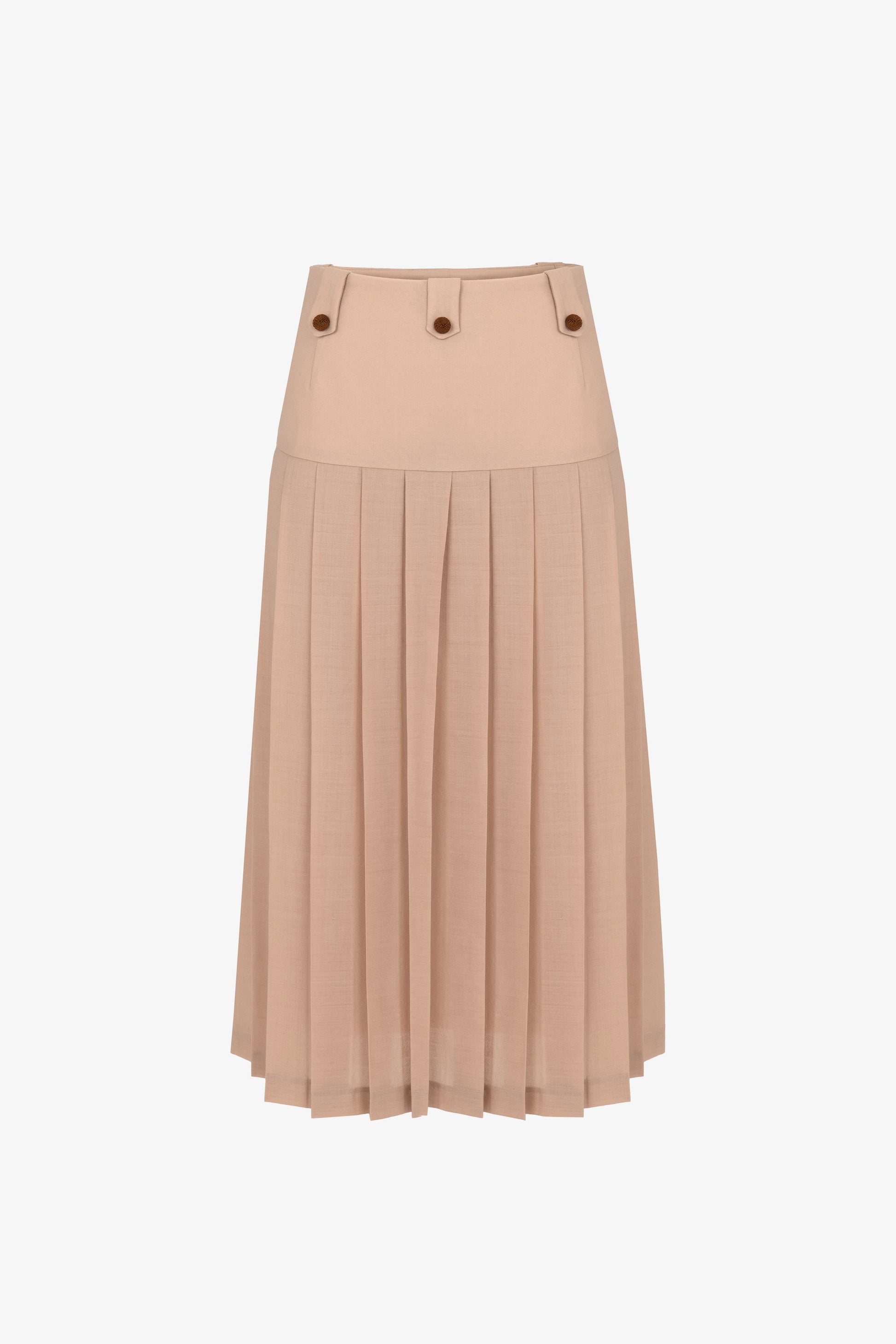 Pleated midi skirt in lightweight virgin wool with high waistband and passementerie-covered buttons. Back view. Botteghe Oscure, Made in Italy.