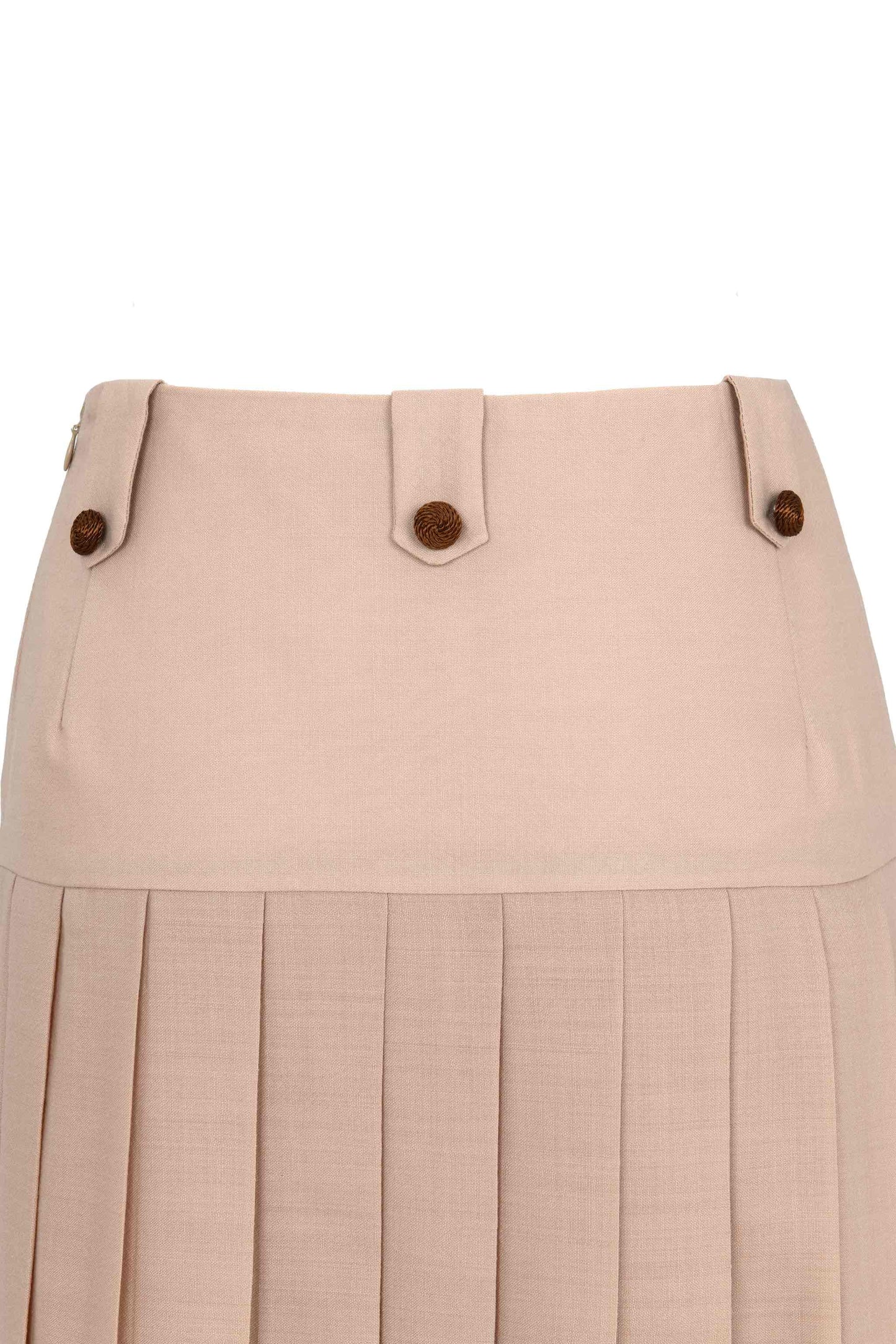 Pleated midi skirt in lightweight virgin wool with high waistband and passementerie-covered buttons. Details. Botteghe Oscure, Made in Italy.