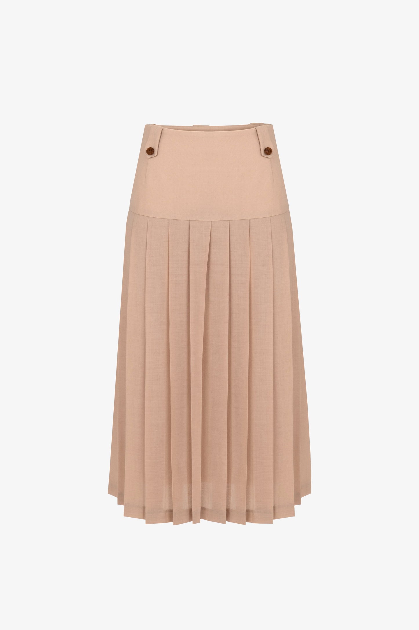 Pleated midi skirt in lightweight virgin wool with high waistband and passementerie-covered buttons. Front view. Botteghe Oscure, Made in Italy.
