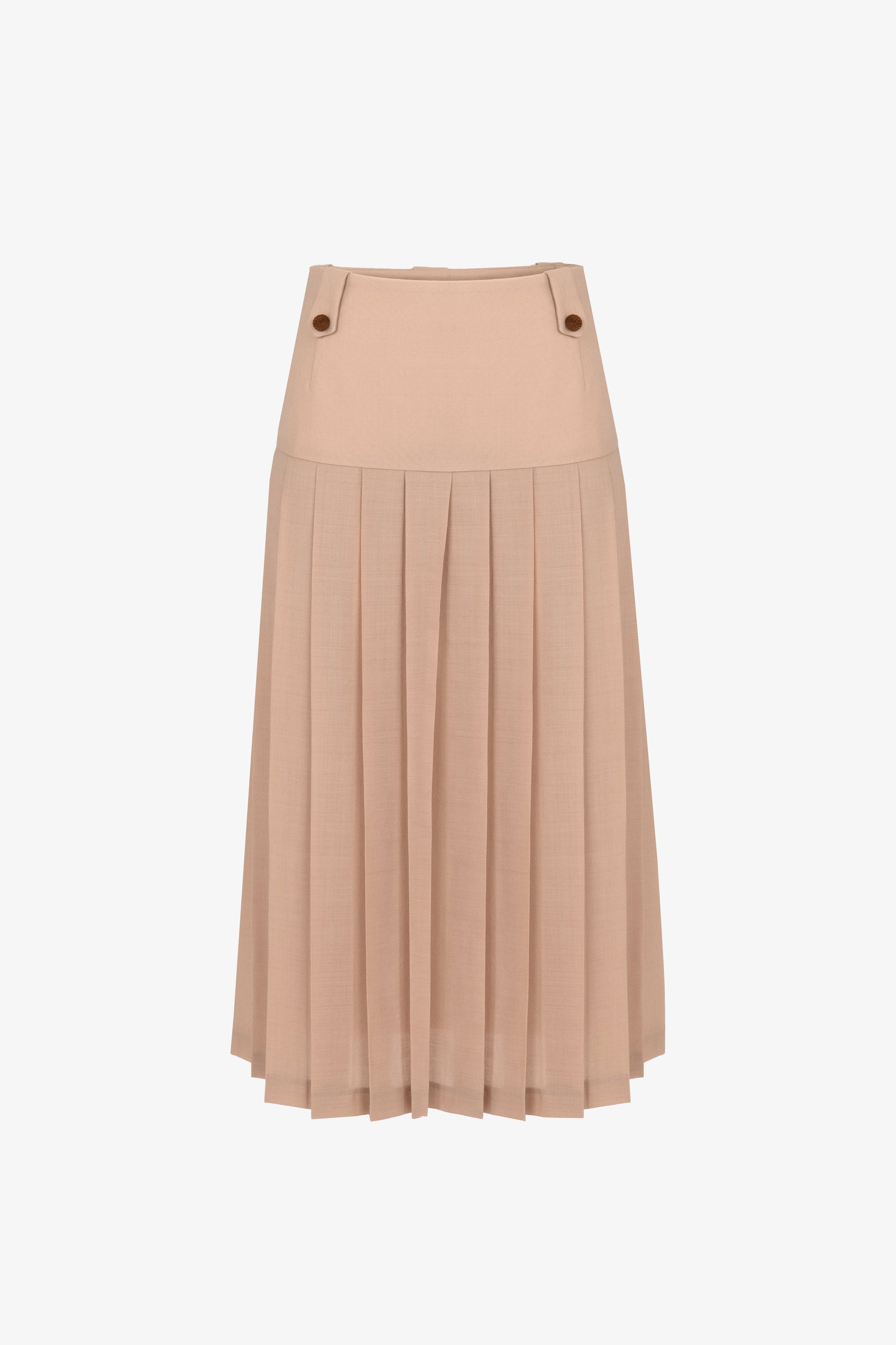 Pleated midi skirt in lightweight virgin wool with high waistband and passementerie-covered buttons. Front view. Botteghe Oscure, Made in Italy.
