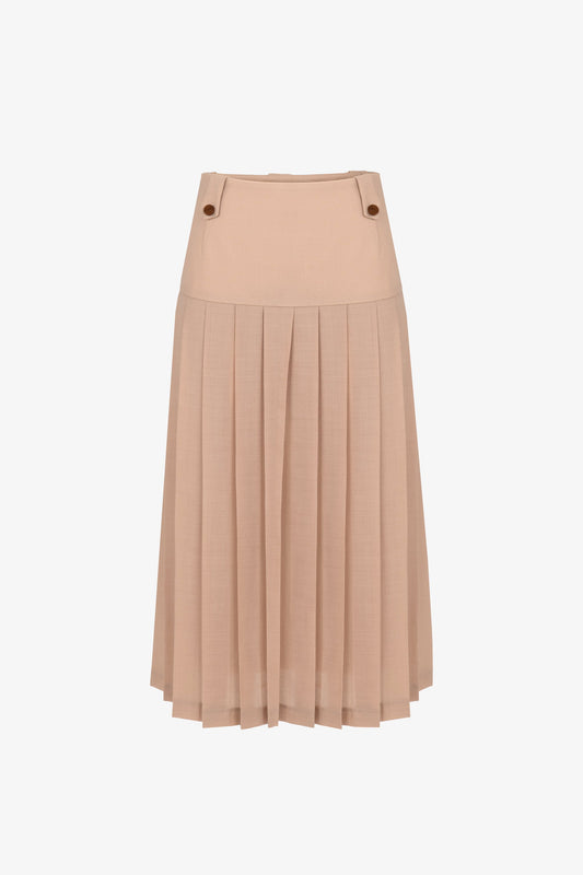 Pleated midi skirt in lightweight virgin wool with high waistband and passementerie-covered buttons. Front view. Botteghe Oscure, Made in Italy.
