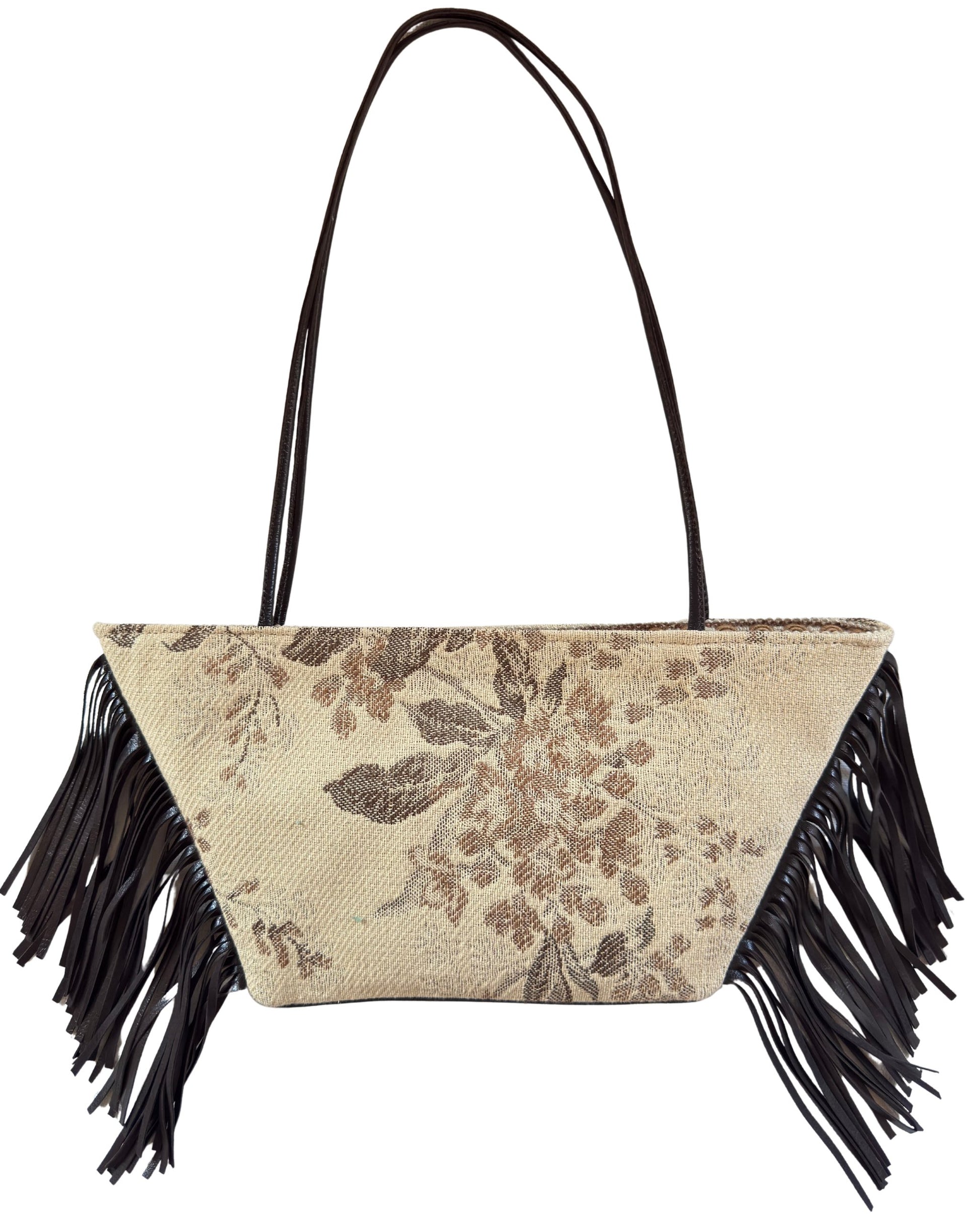 shoulder East-West bag in vintage jacquard fabric with leather details and fringes, one of a kind by Botteghe Oscure
