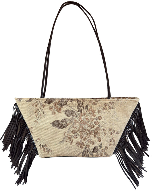 shoulder East-West bag in vintage jacquard fabric with leather details and fringes, one of a kind by Botteghe Oscure