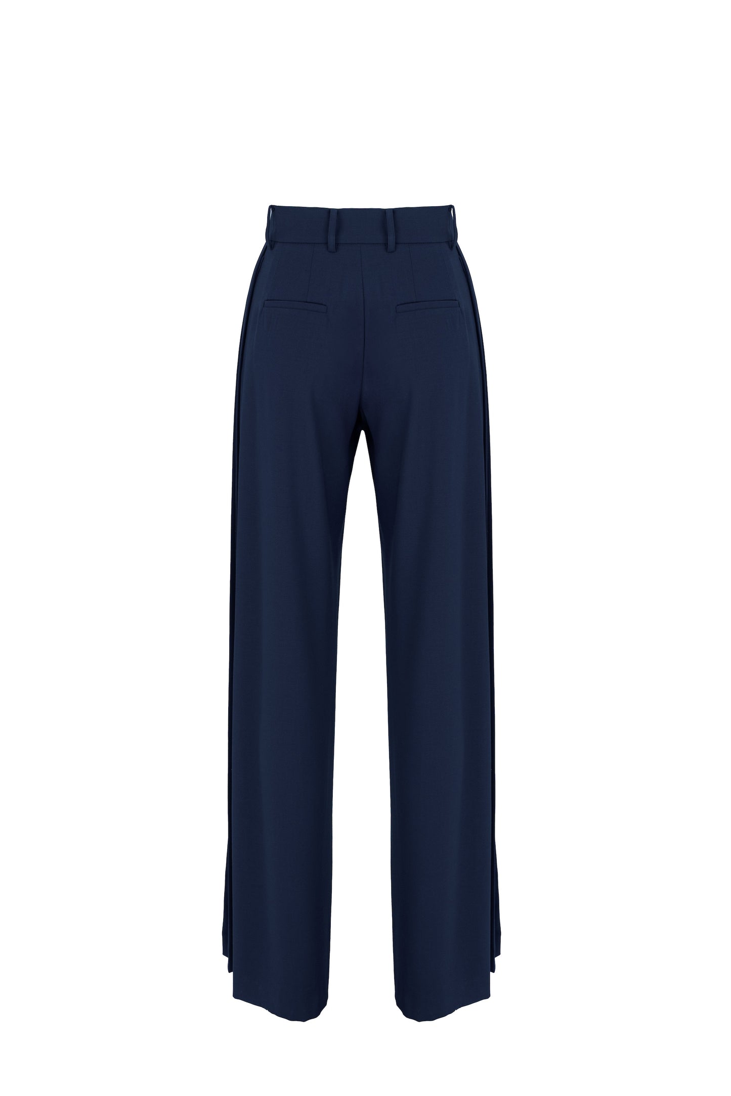Back picture of Botteghe Oscure blue virgin wool flare pants with deep pleats side detailing.